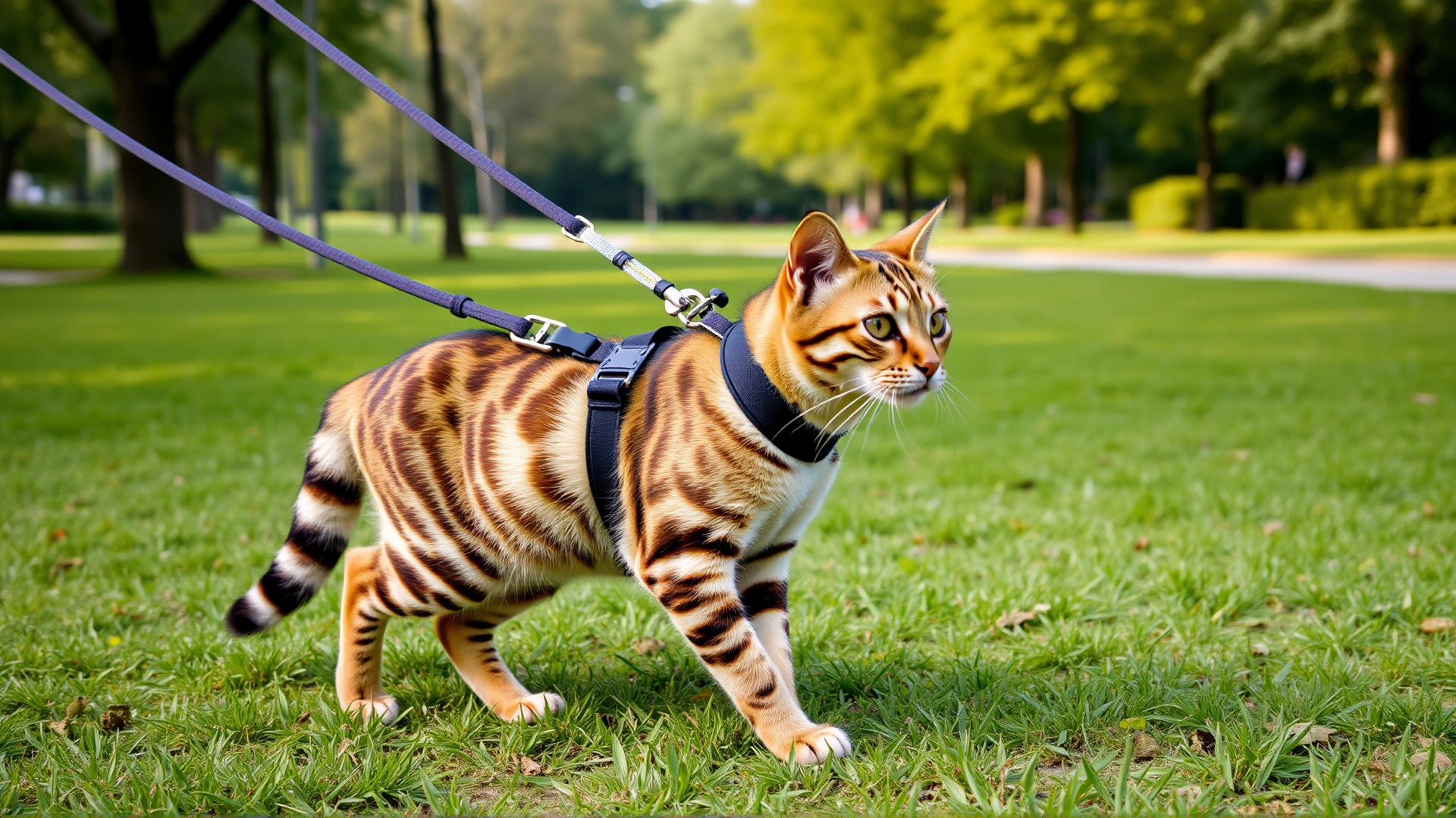 Adult Bengal cat confidently walking on a harness and leash in a green park
