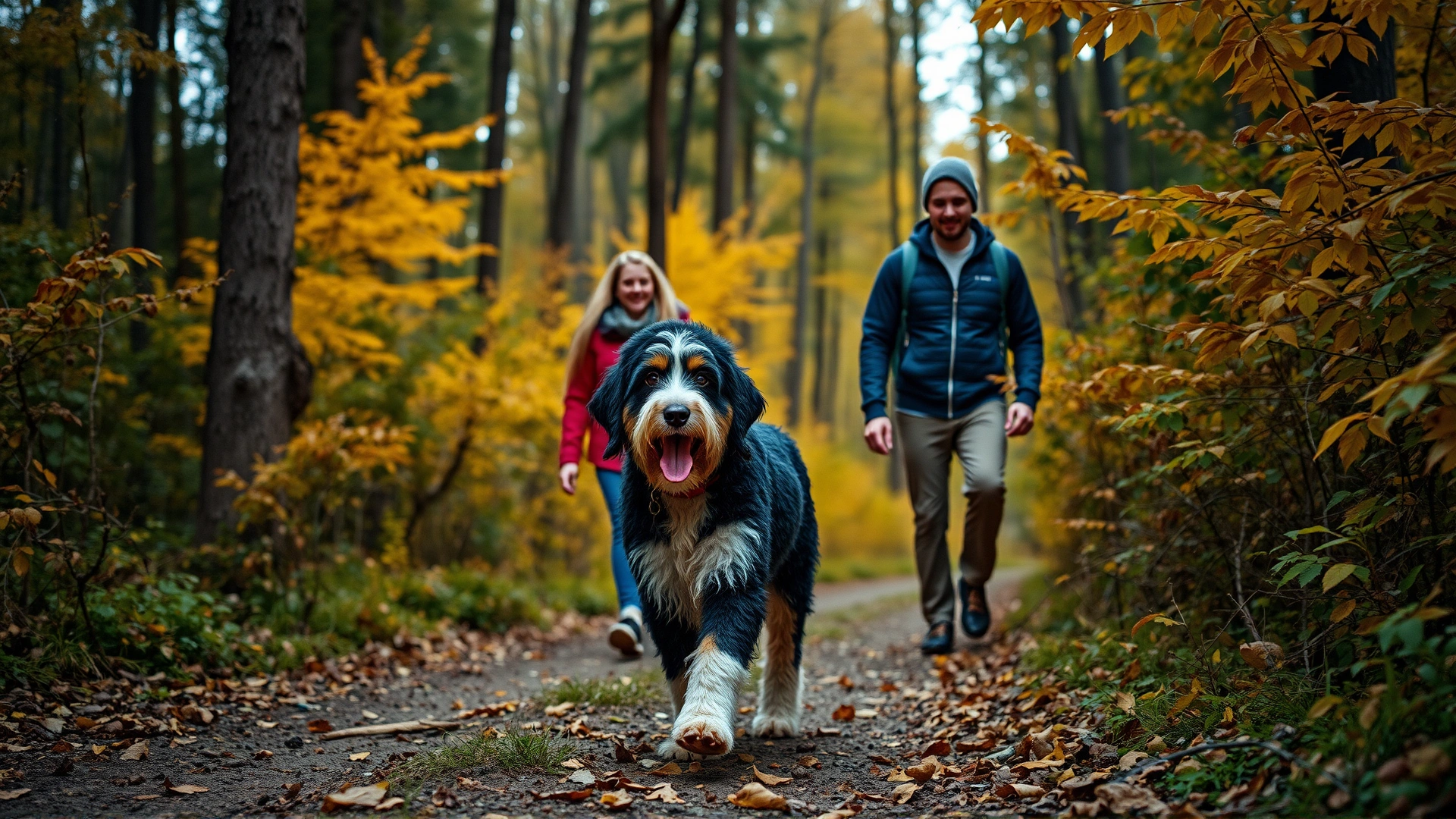 Large tri-colored Bernedoodle walking with a family on a forest trail during autumn, leaves on the ground, adventure vibe