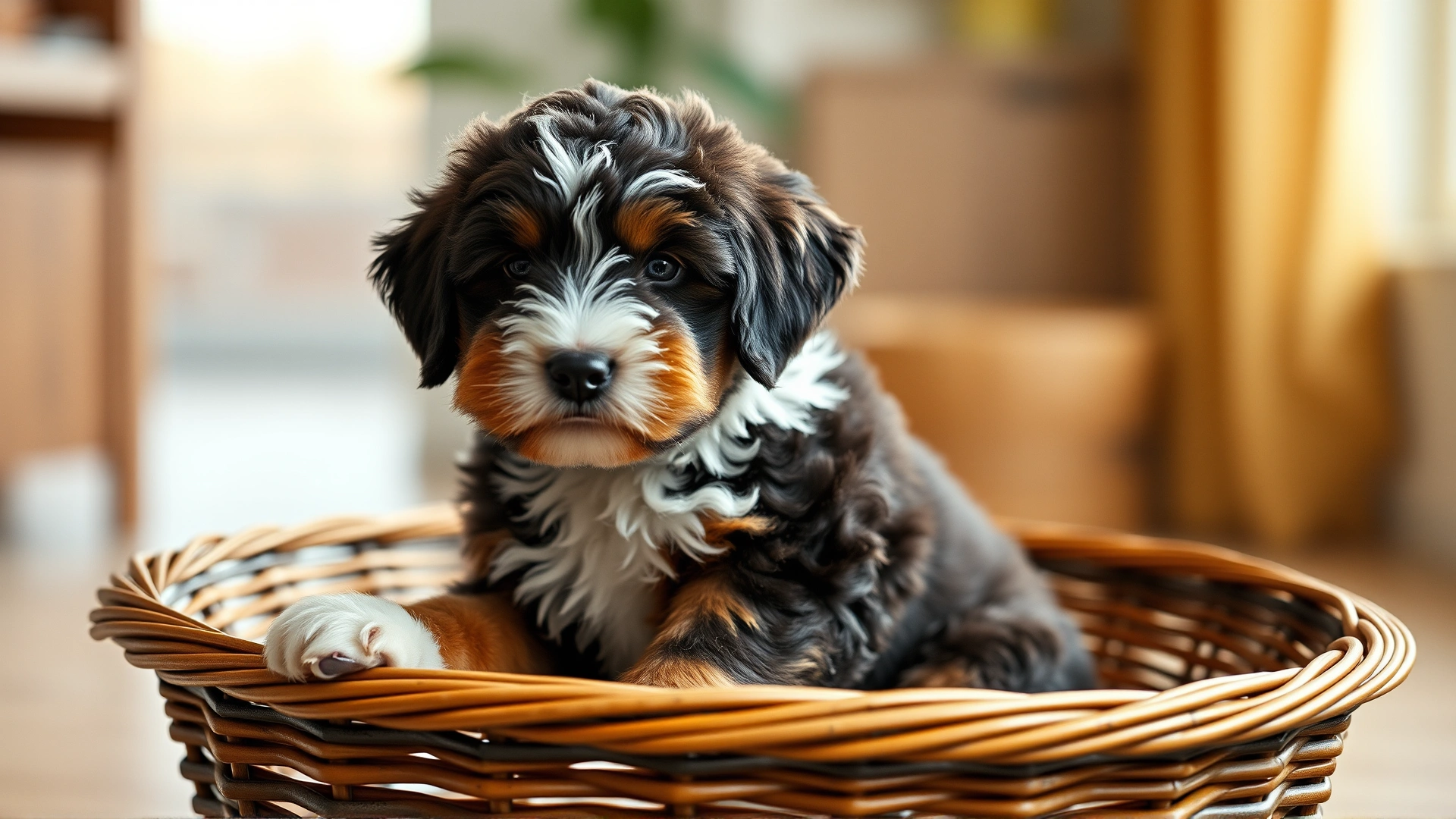 Adorable Bernedoodle puppy with fluffy tricolor coat sitting in a wicker basket indoors with soft natural light, cute expression, shallow depth of field