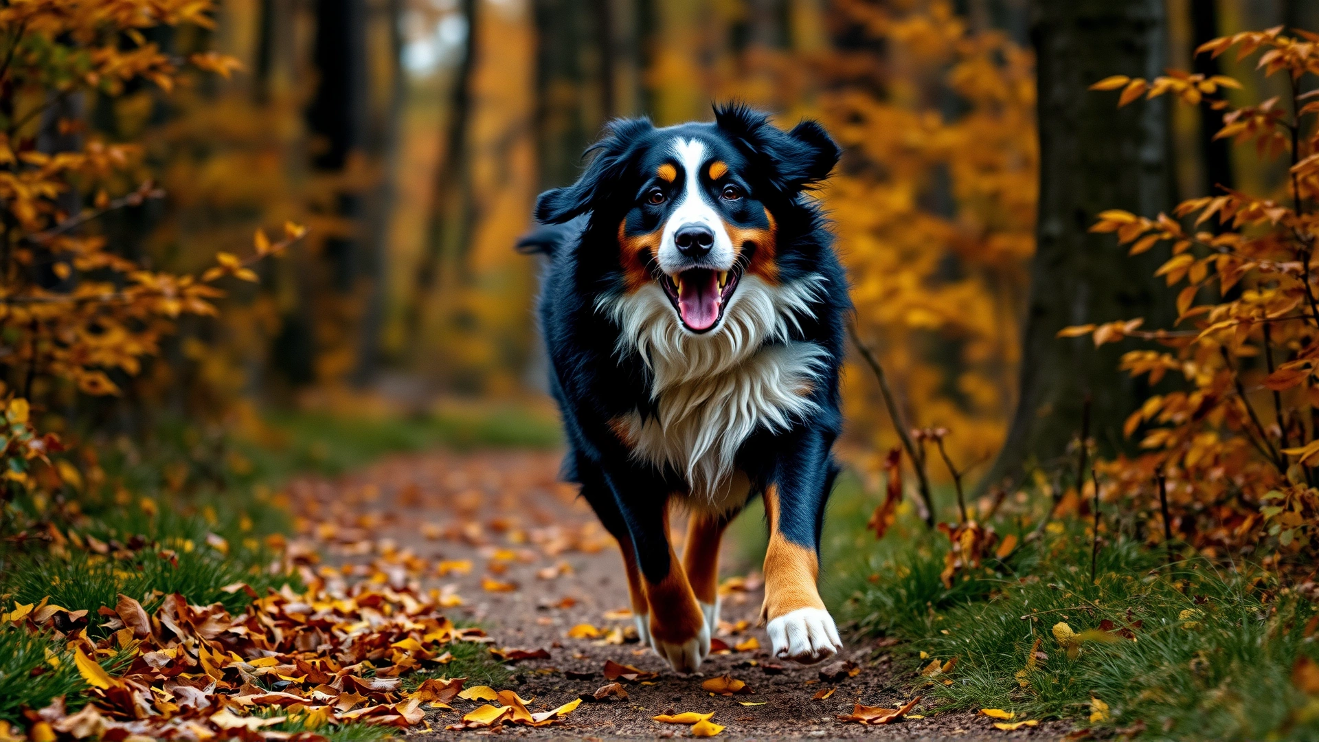 Bernese Mountain Dog running through a forest trail during autumn, colorful leaves on the ground, showing motion and energy.