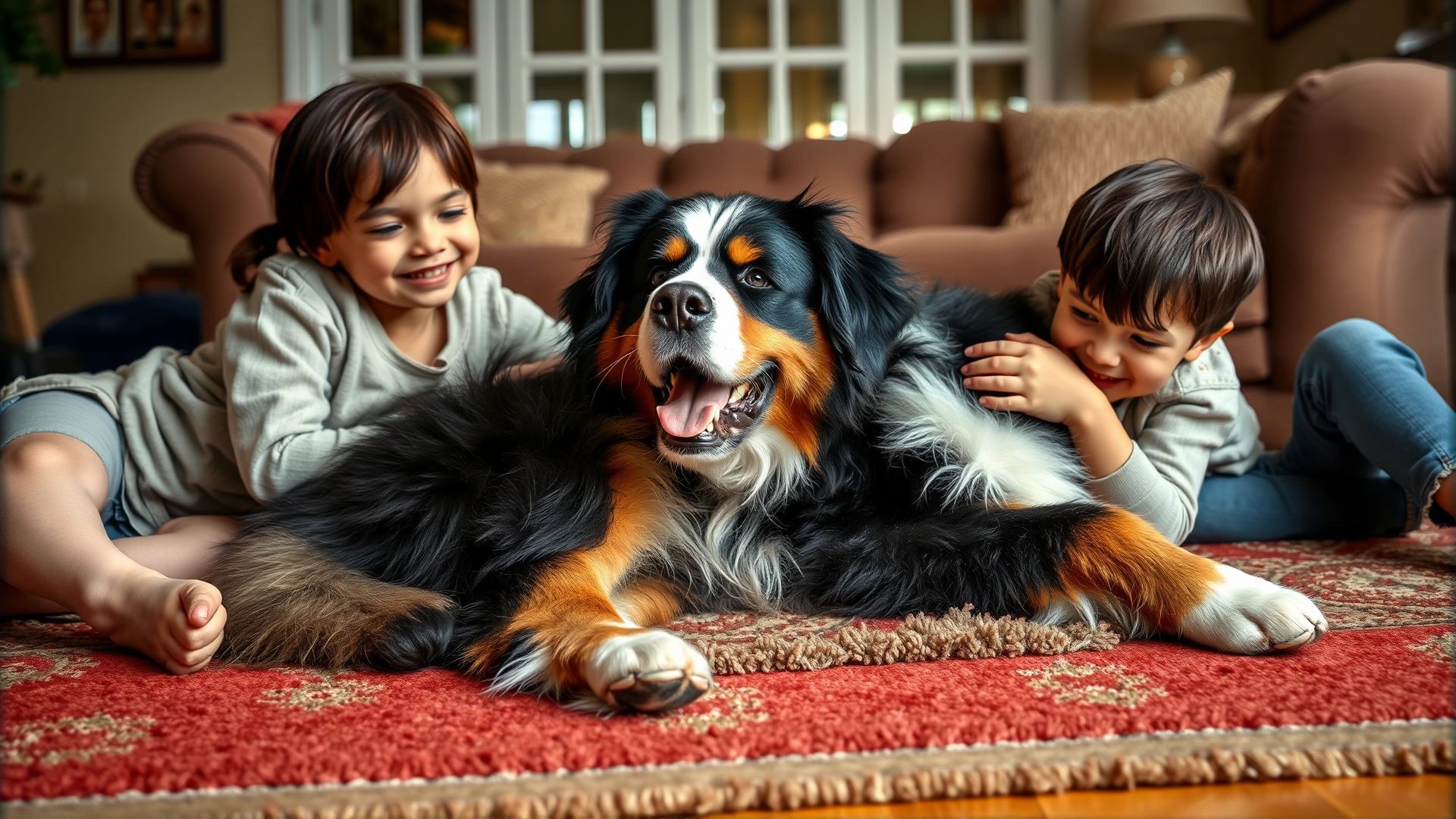 Bernese Mountain Dog lying comfortably on a living room rug with two smiling children gently petting it, cozy indoor lighting.