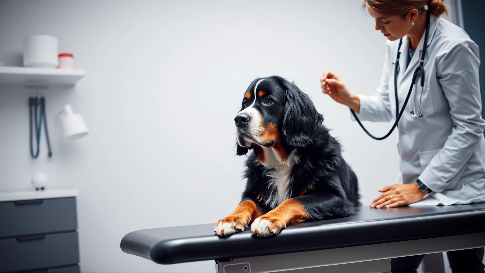 Bernese Mountain Dog being examined by a veterinarian in a modern clinic; the vet uses a stethoscope while the dog sits calmly on the exam table.