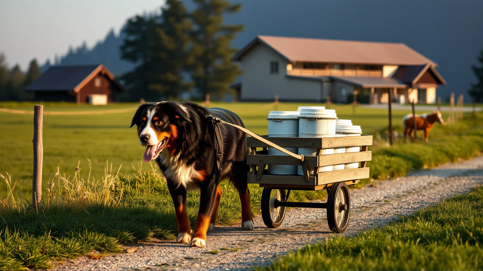 Vintage-style photo of a Bernese Mountain Dog pulling a small wooden cart filled with milk buckets on a Swiss farm path, early morning light.