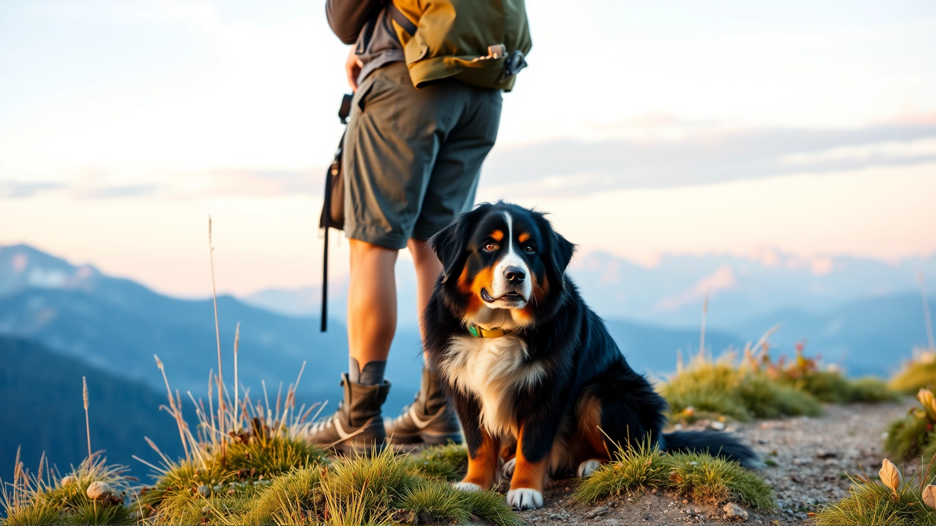 Bernese Mountain Dog sitting calmly next to its owner on a mountain trail with beautiful alpine scenery in the background, early morning light
