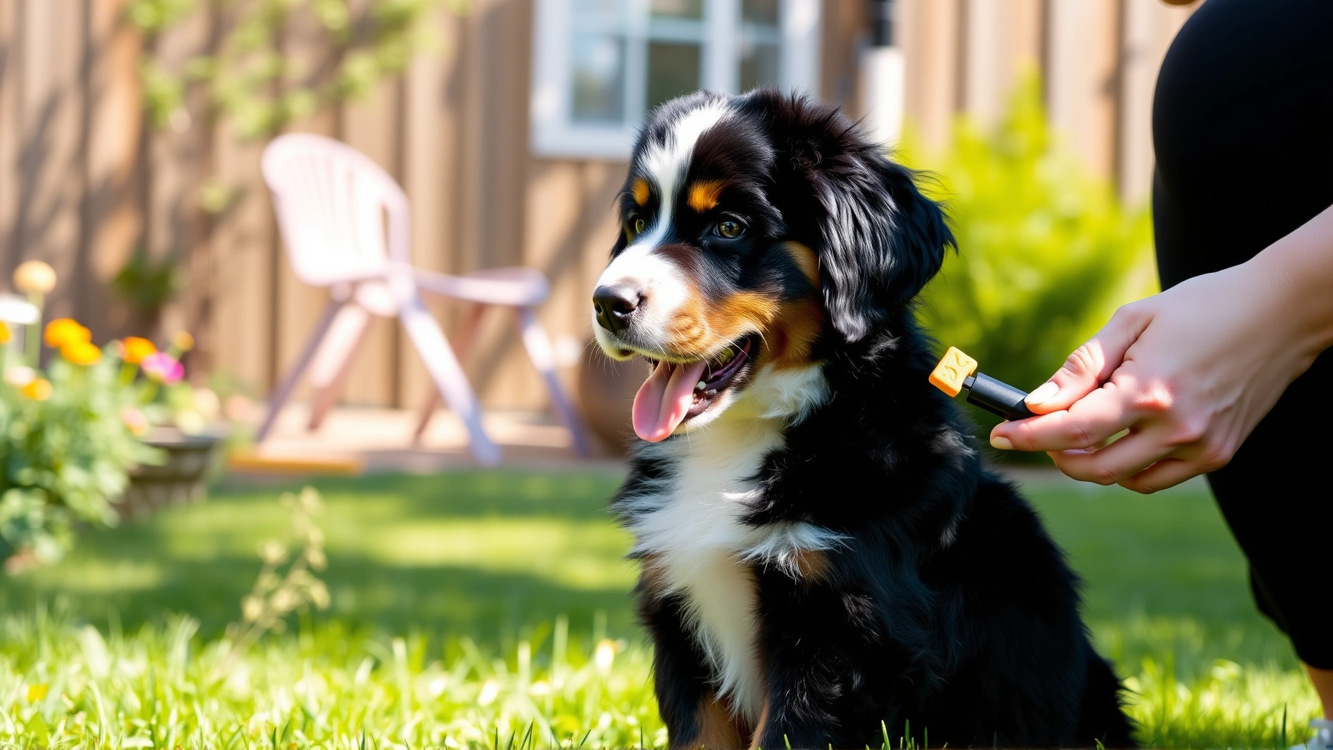 Bernese Mountain Dog puppy receiving positive-reinforcement training with a clicker and treats in a sunny backyard.