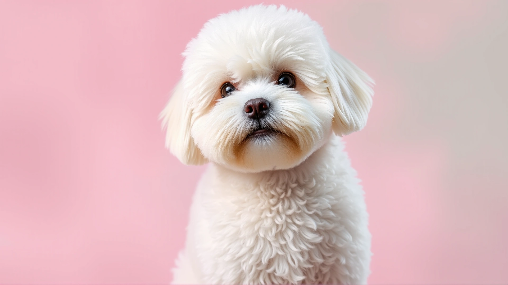 Portrait of a freshly groomed Bichon Frise with fluffy white coat against a soft pastel backdrop.