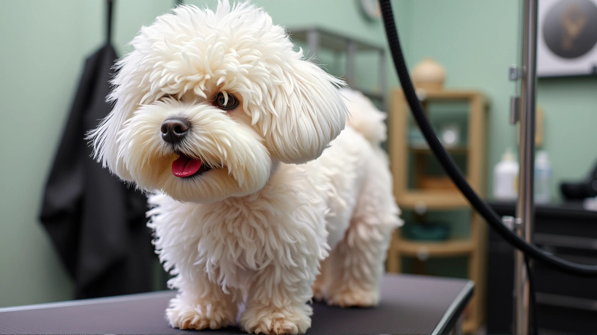 A Bichon Frisé on a grooming table getting its coat fluffed by a professional groomer
