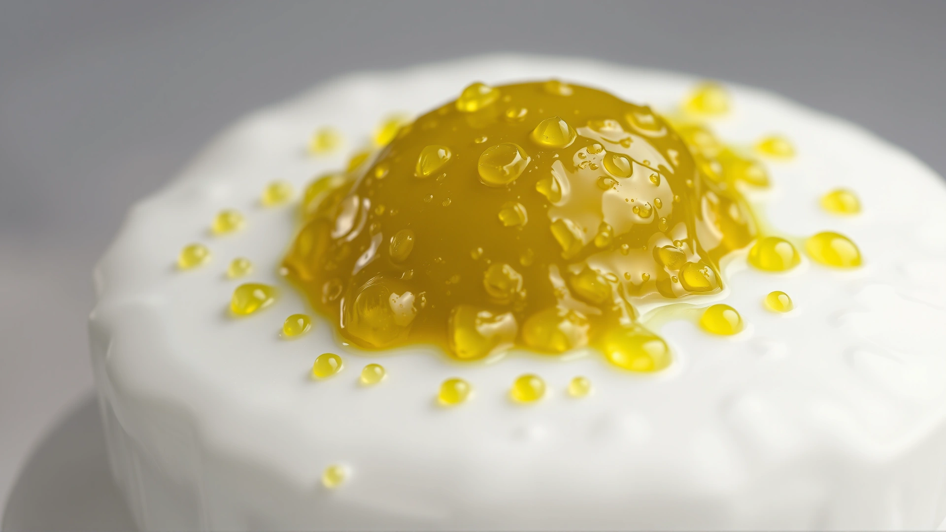 High-resolution macro shot of yellow-green bile on a white ceramic surface to visually depict bile color and texture.