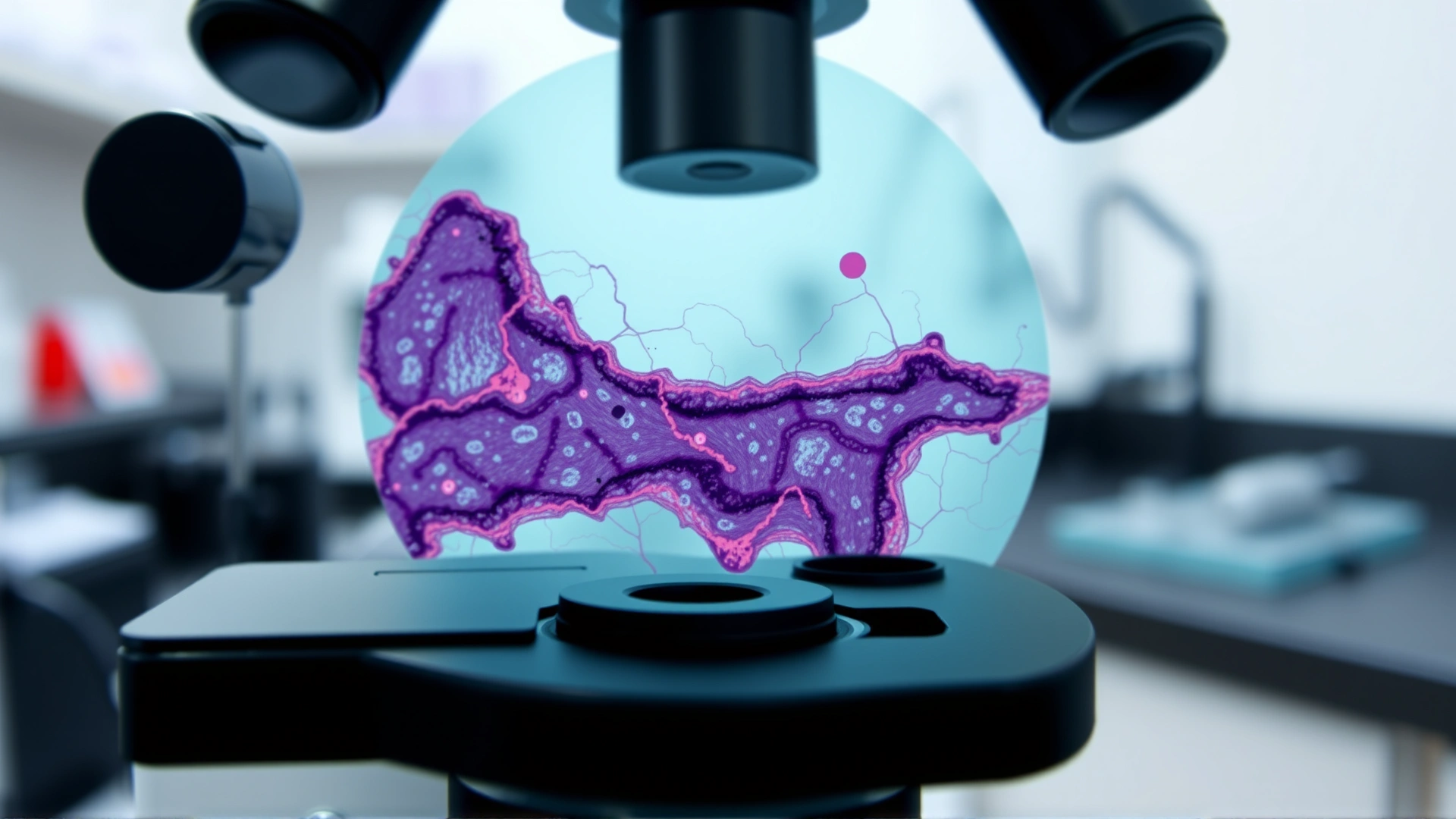 Microscope view of a stained canine tissue sample on a glass slide in a veterinary lab, no text.