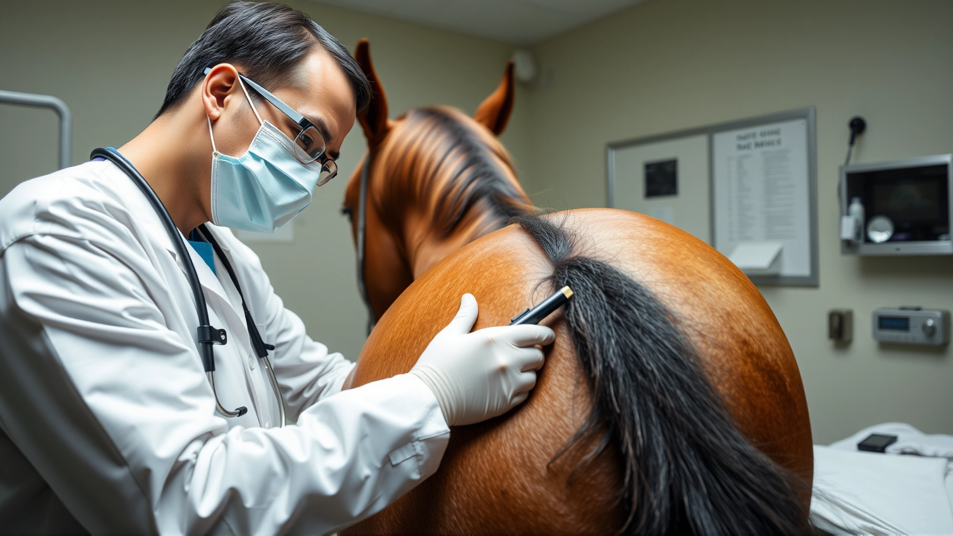 Veterinarian performing a muscle biopsy on a sedated horse’s rump in a clean clinic setting, highlighting the diagnostic process.