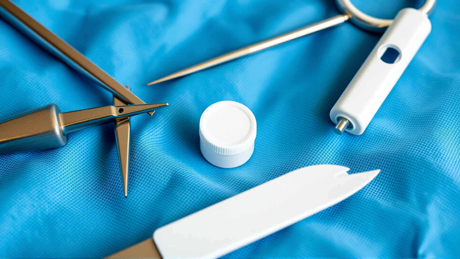 Close-up of sterile biopsy instruments including punch tool, scalpel, and sample container laid out on a blue surgical drape