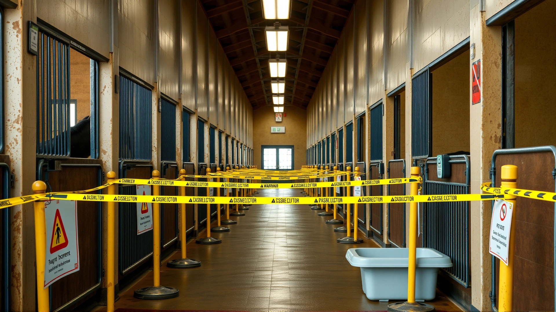 Stable aisle cordoned off with warning signs and disinfectant footbath at entrance, emphasizing biosecurity measures. No text.