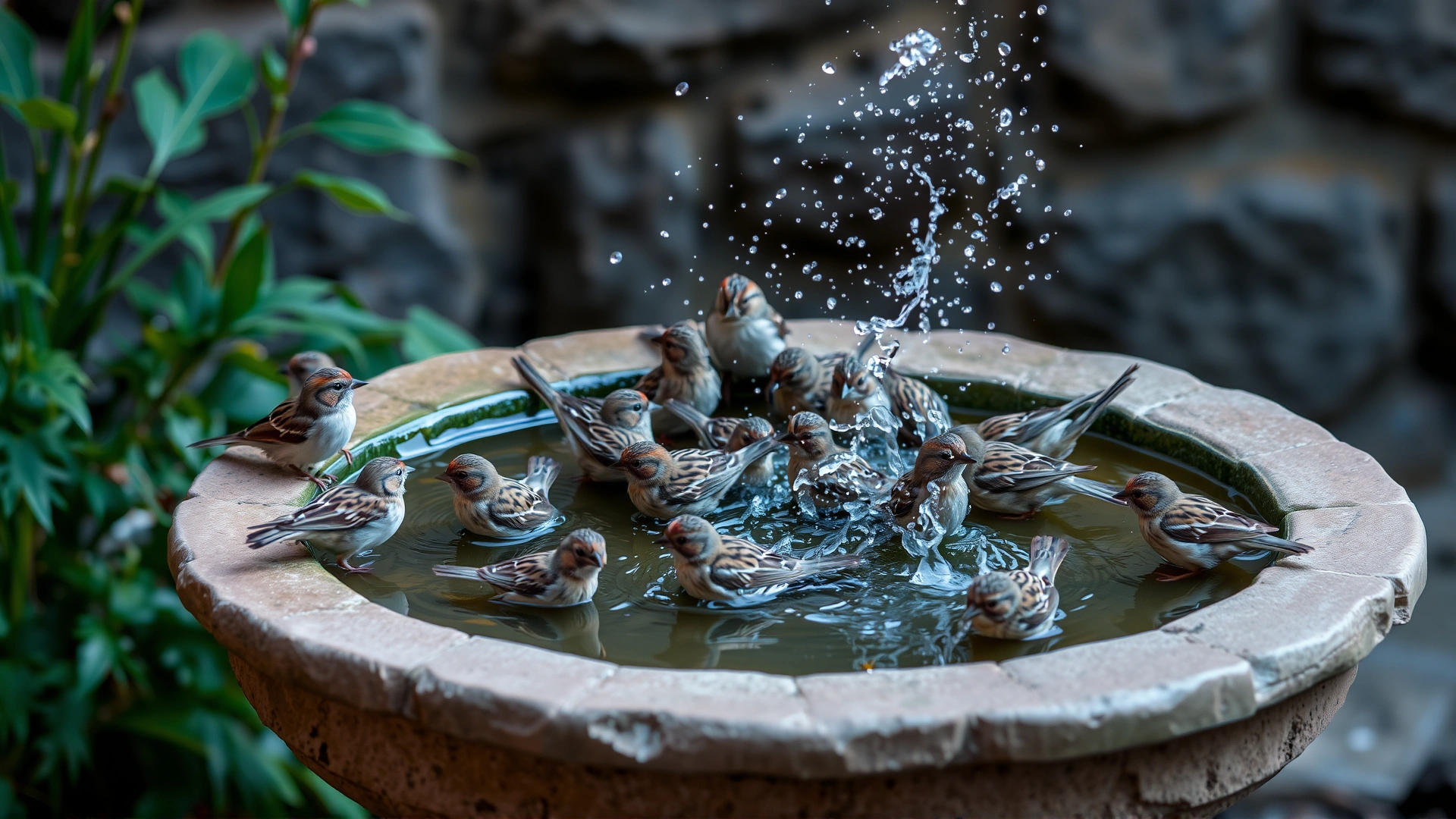 Small flock of sparrows splashing in a shallow stone bird bath with greenery around.