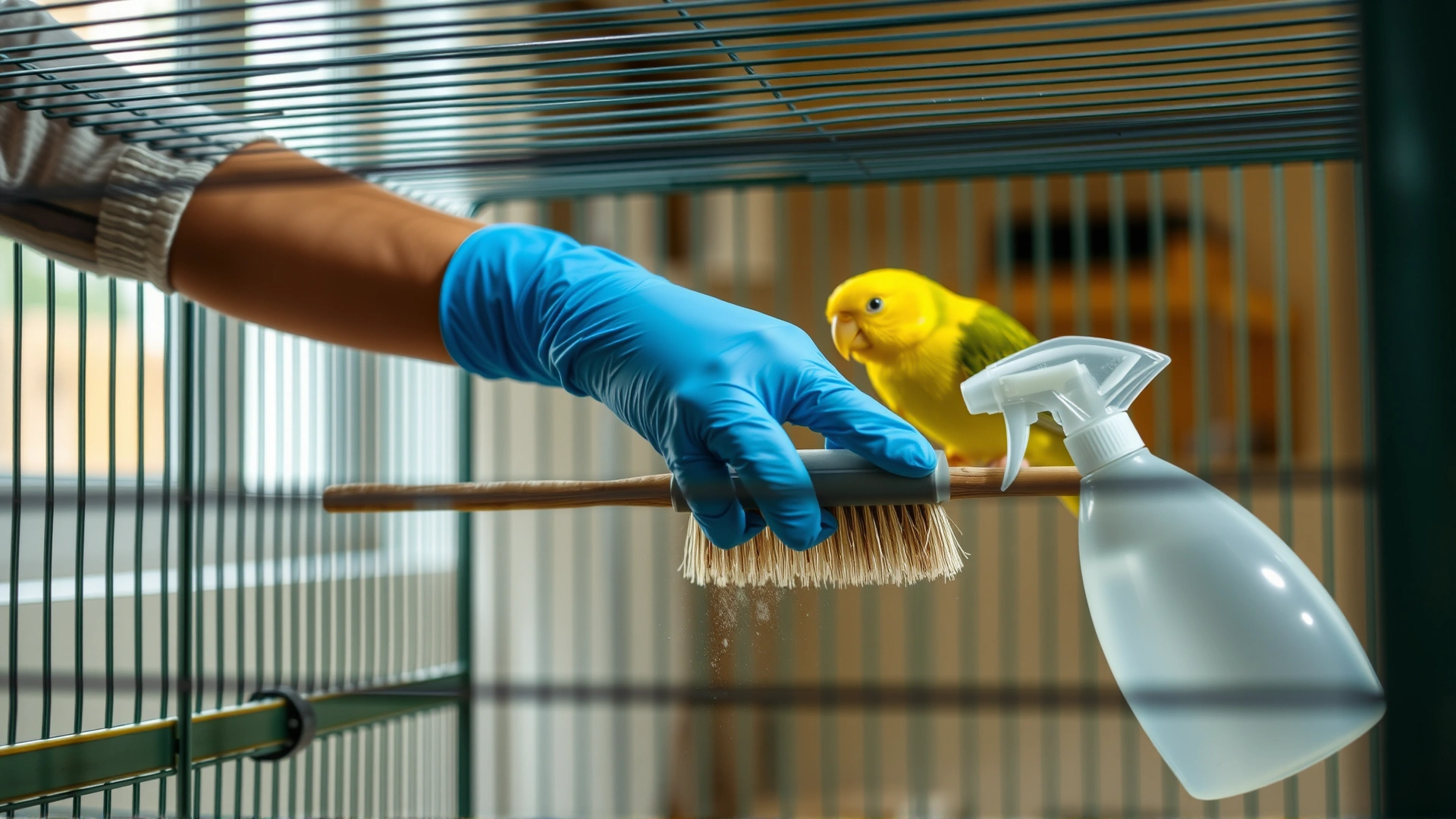 Image of a person wearing gloves while cleaning a bird cage with a brush and pet-safe disinfectant spray. Well-lit indoor environment.
