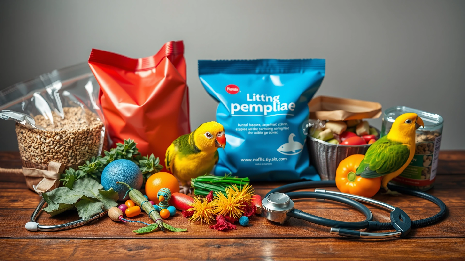 Assortment of bird care supplies neatly laid out on a wooden table: seed bags, fresh vegetables, colorful toys, and a vet stethoscope.