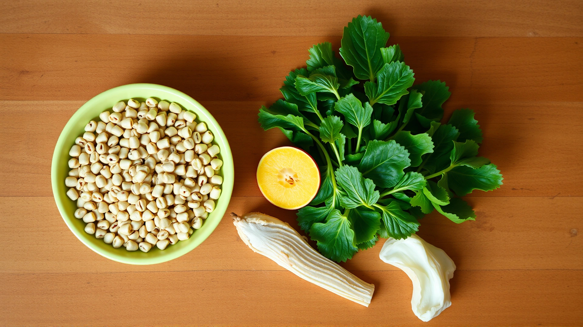 Bright flat-lay photo of a balanced bird meal: high-quality pellets, fresh leafy greens, a small piece of fruit, and a cuttlefish bone laid out on a wooden surface.