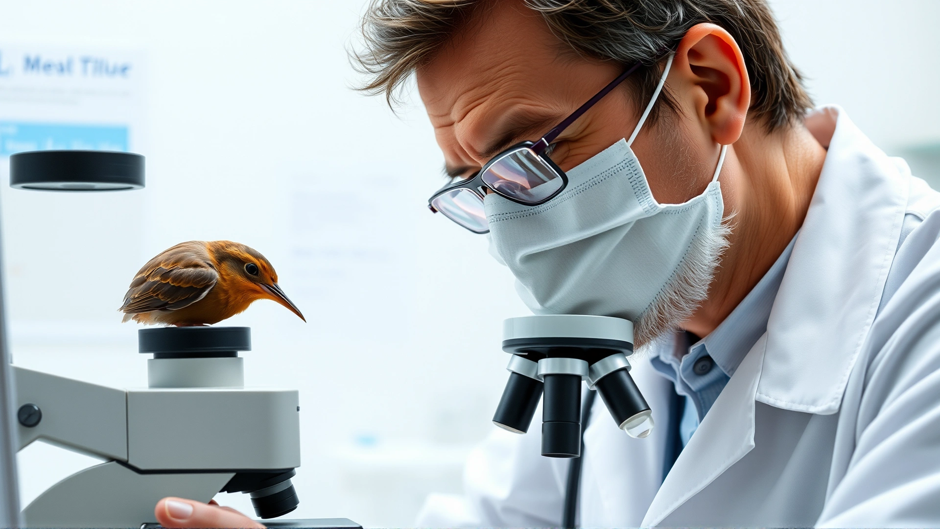 Veterinarian examining bird droppings under a microscope in a laboratory, focus on slide and microscope, no text.