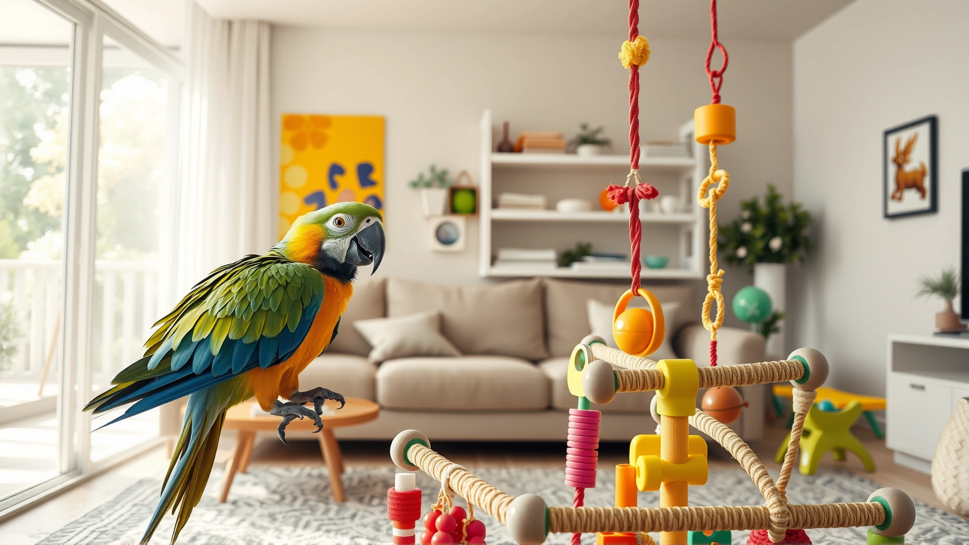 Bright living room scene with a parrot playing on an enrichment play gym filled with colorful toys and climbing ropes, no people.