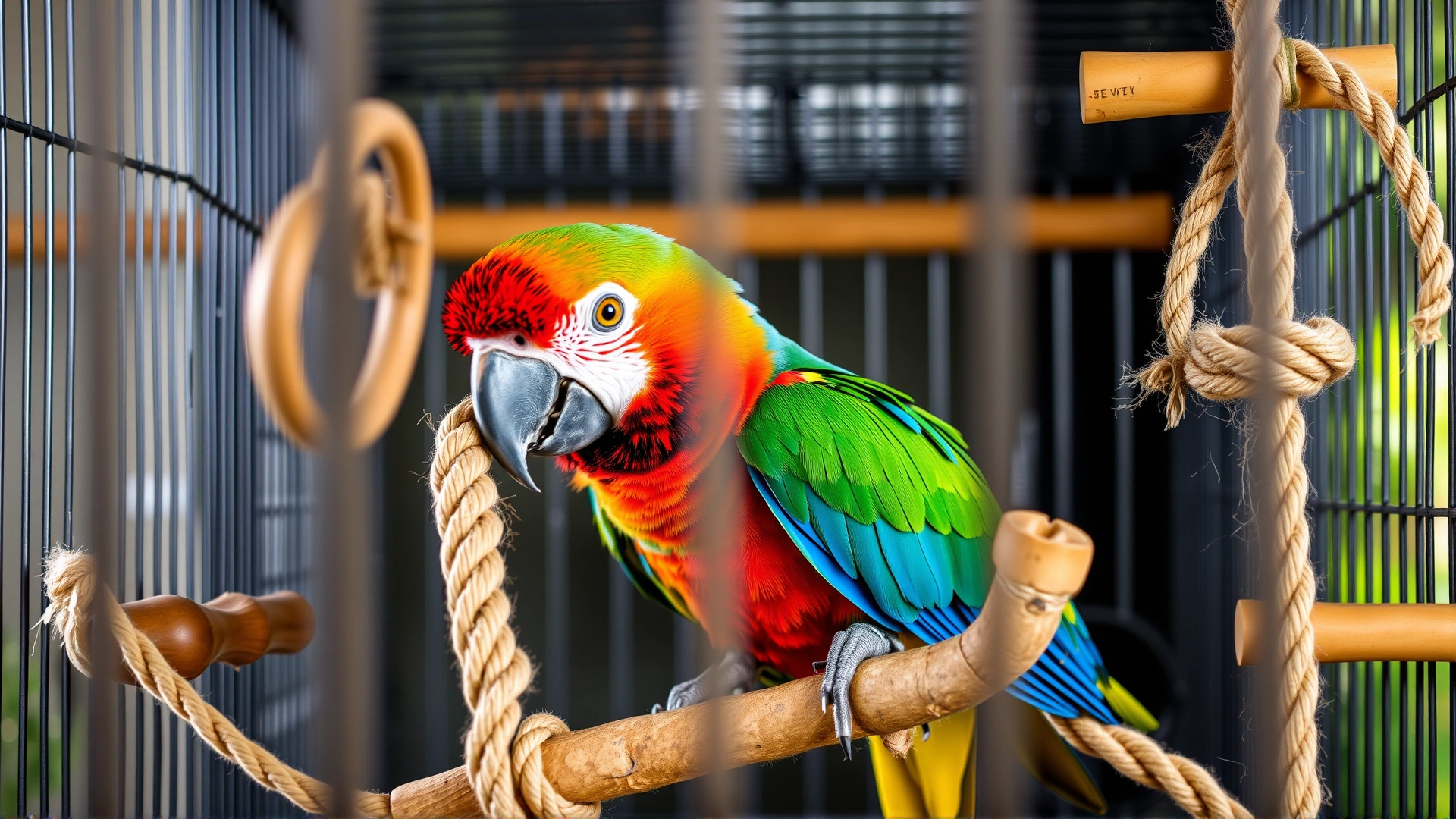 Colorful parrot inside a spacious cage actively chewing on natural wooden toys and rope perches, demonstrating environmental enrichment.