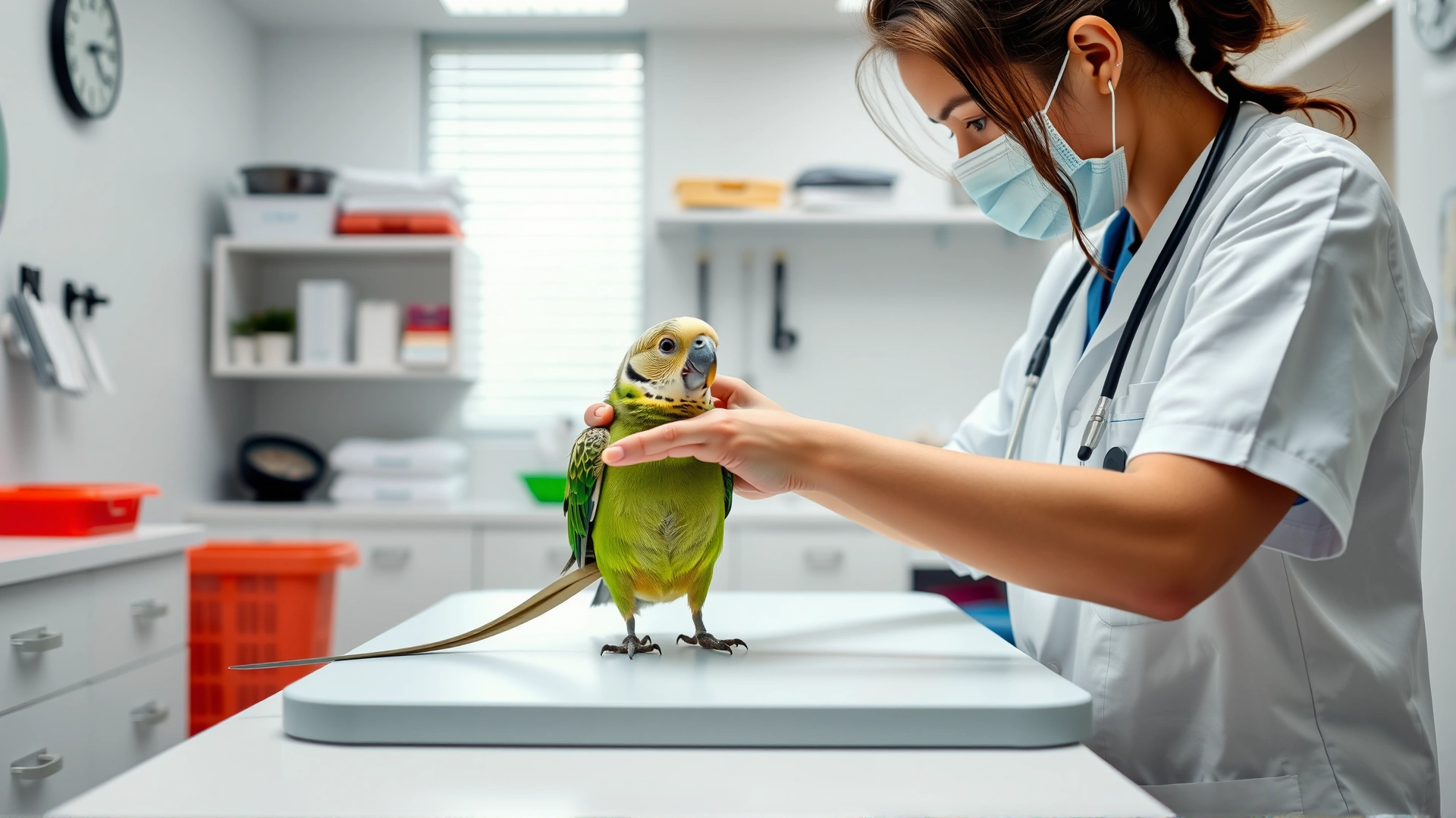 Veterinarian gently holding a parakeet while performing a physical examination on a white table inside a bright veterinary clinic, sharp focus