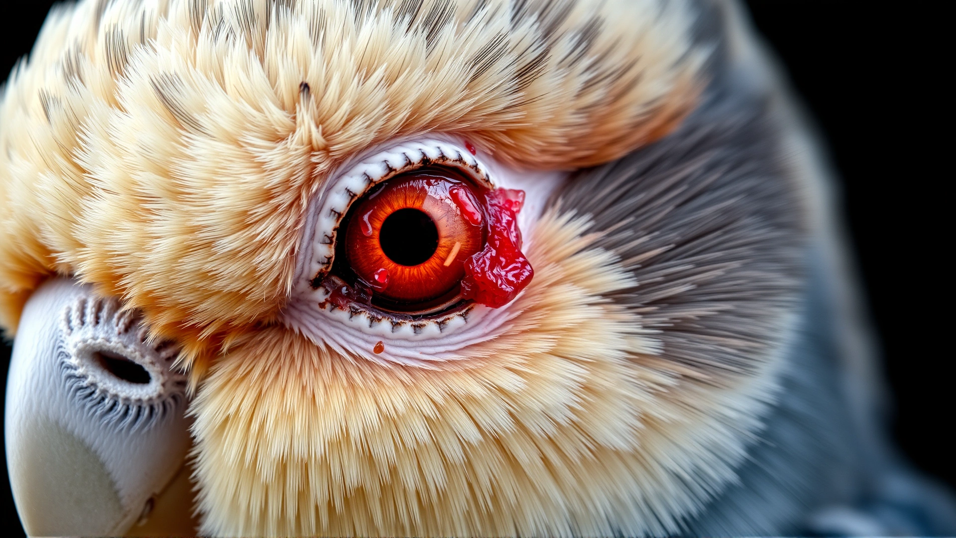Macro shot of a cockatiel's eye showing mild redness and swelling without any text overlay