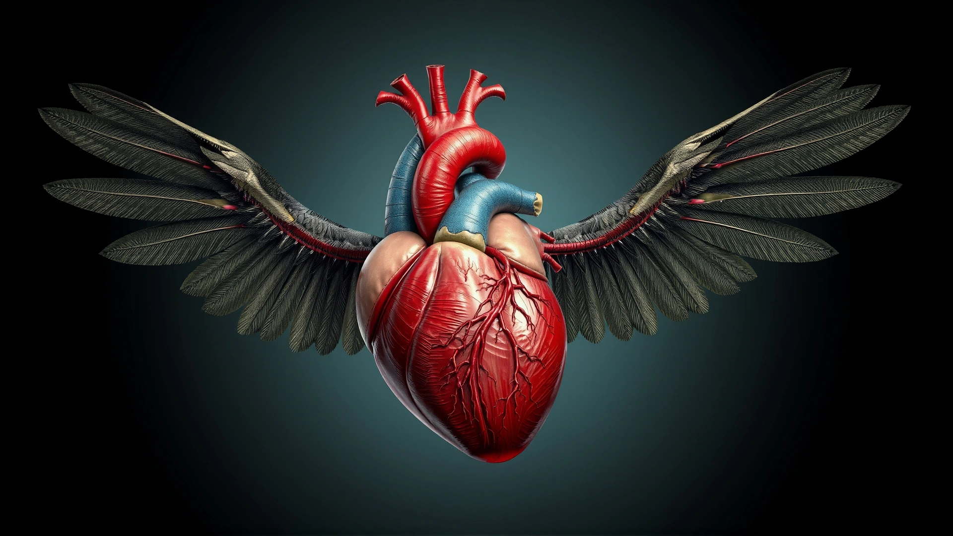 Detailed illustration of a bird’s heart and circulatory system, cutaway view, vibrant colors, no text