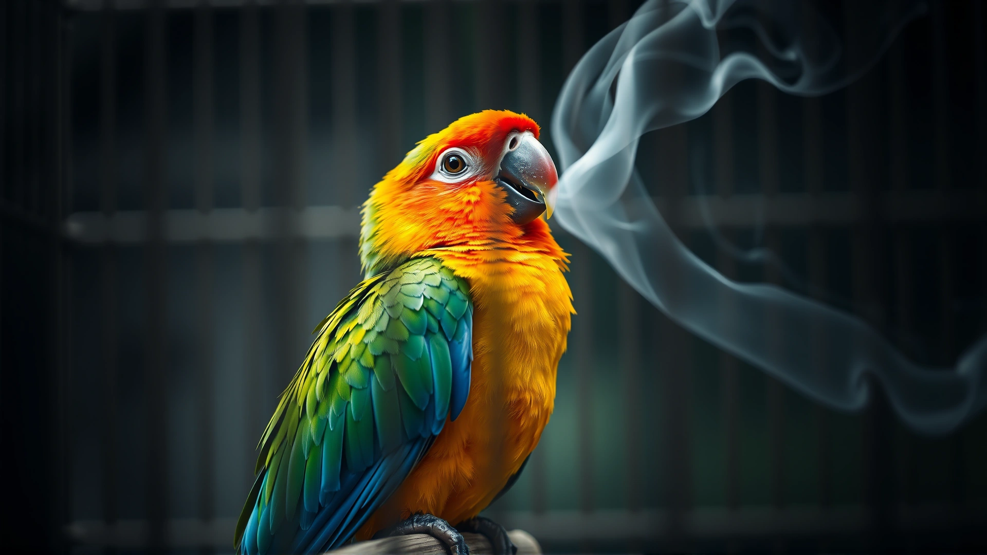 Colorful parrot inside a cage with subtle smoke streaks rising nearby, illustrating respiratory risk for birds; shallow depth of field, realistic photo.