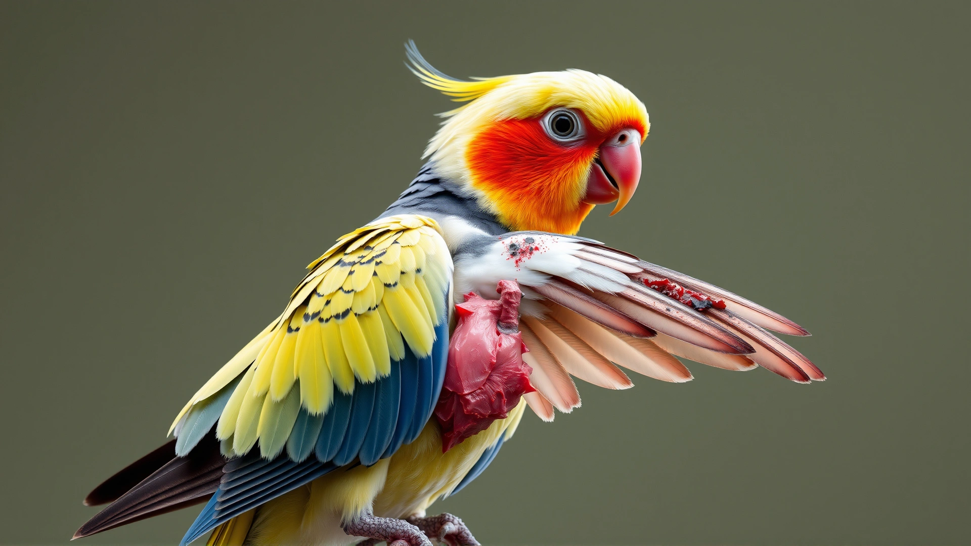 Wide shot of a colorful cockatiel perched unsteadily with one wing drooping, illustrating an obvious injury.