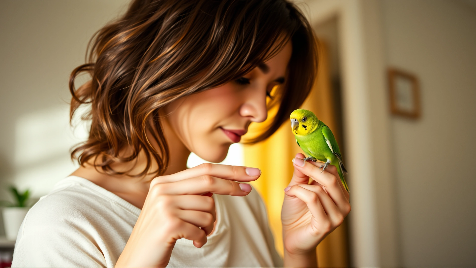 Young woman gently training a small green parakeet on her finger at home, with warm natural light filling the room.