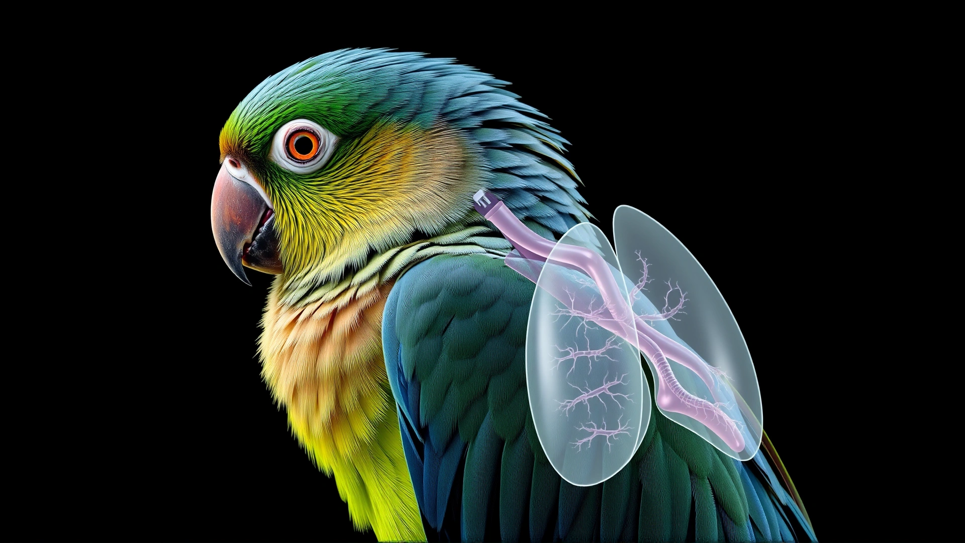 Side profile of a parrot with subtle translucent overlay highlighting its air sacs and lungs, no text, illustrating unique avian respiratory anatomy.