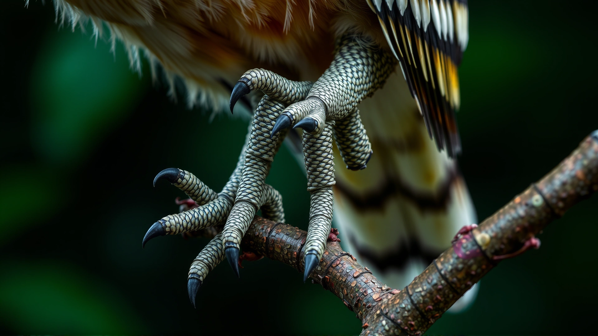 Macro shot of a bird's scaly legs and talons gripping a branch, highlighting reptile-like scales