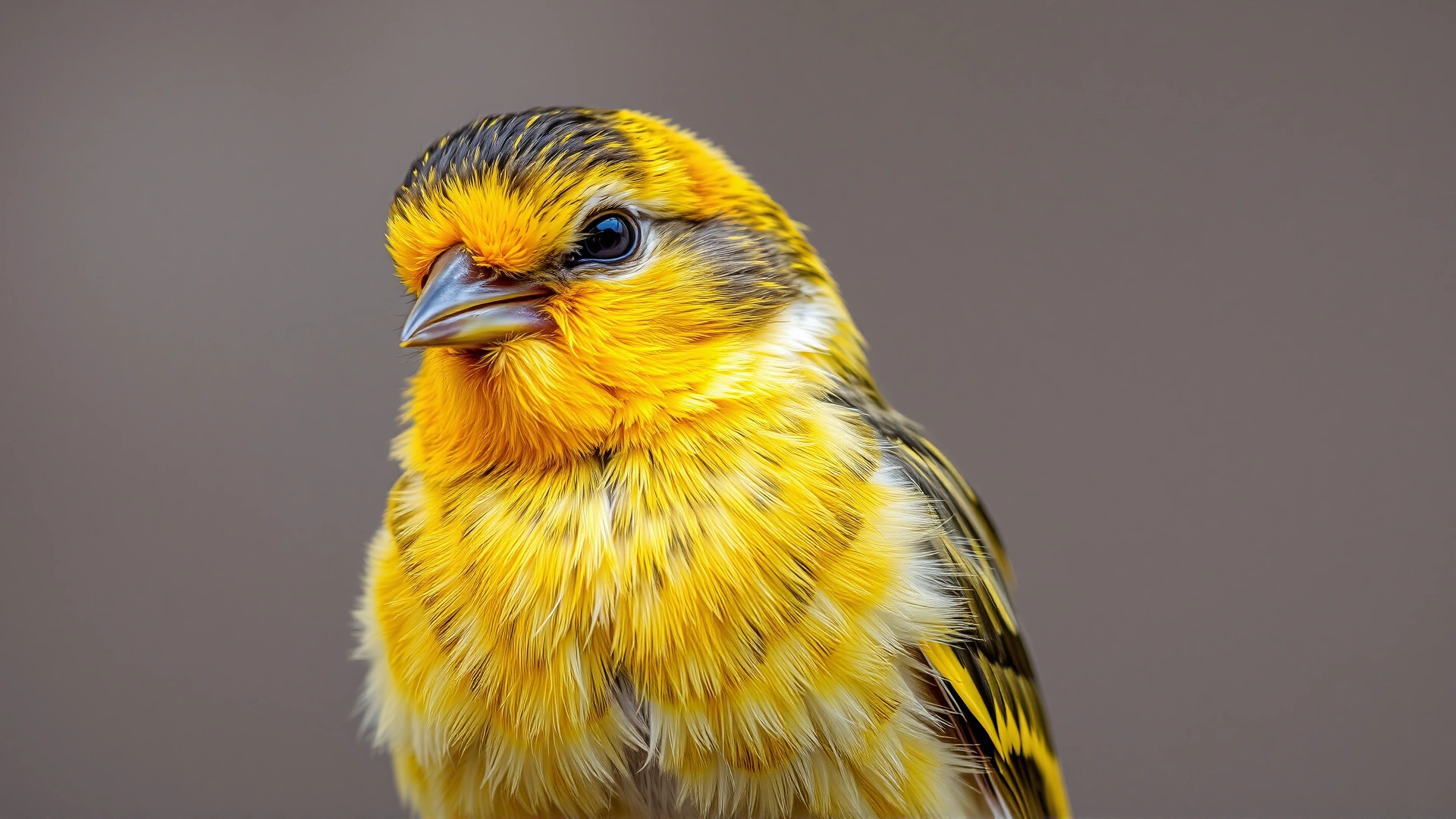Close-up photo of a slightly ruffled canary looking lethargic on its perch, subtle sign of illness.