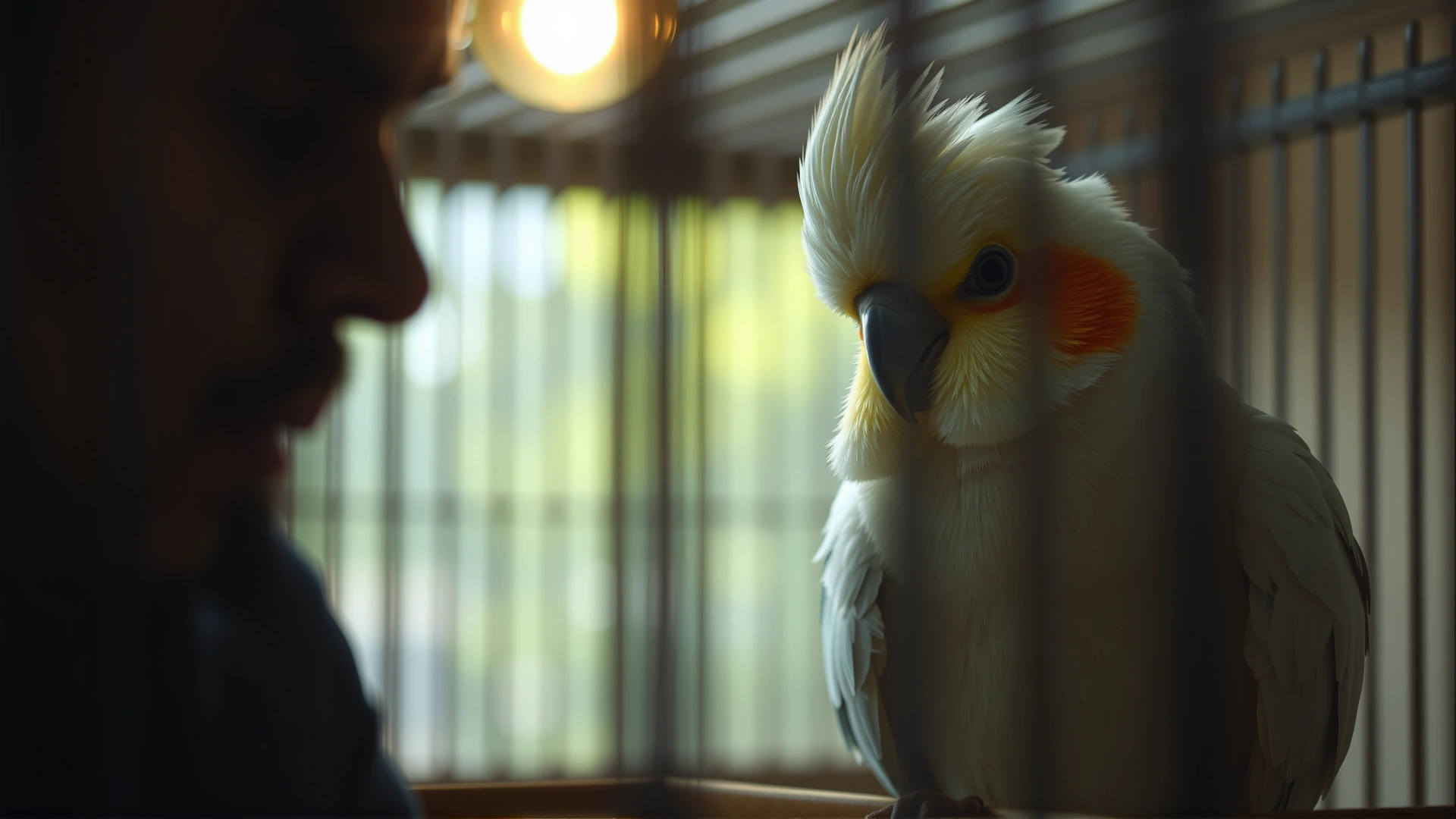 Owner observing a cockatiel showing signs of sickness (fluffed feathers, closed eyes) inside a cozy cage, soft lighting