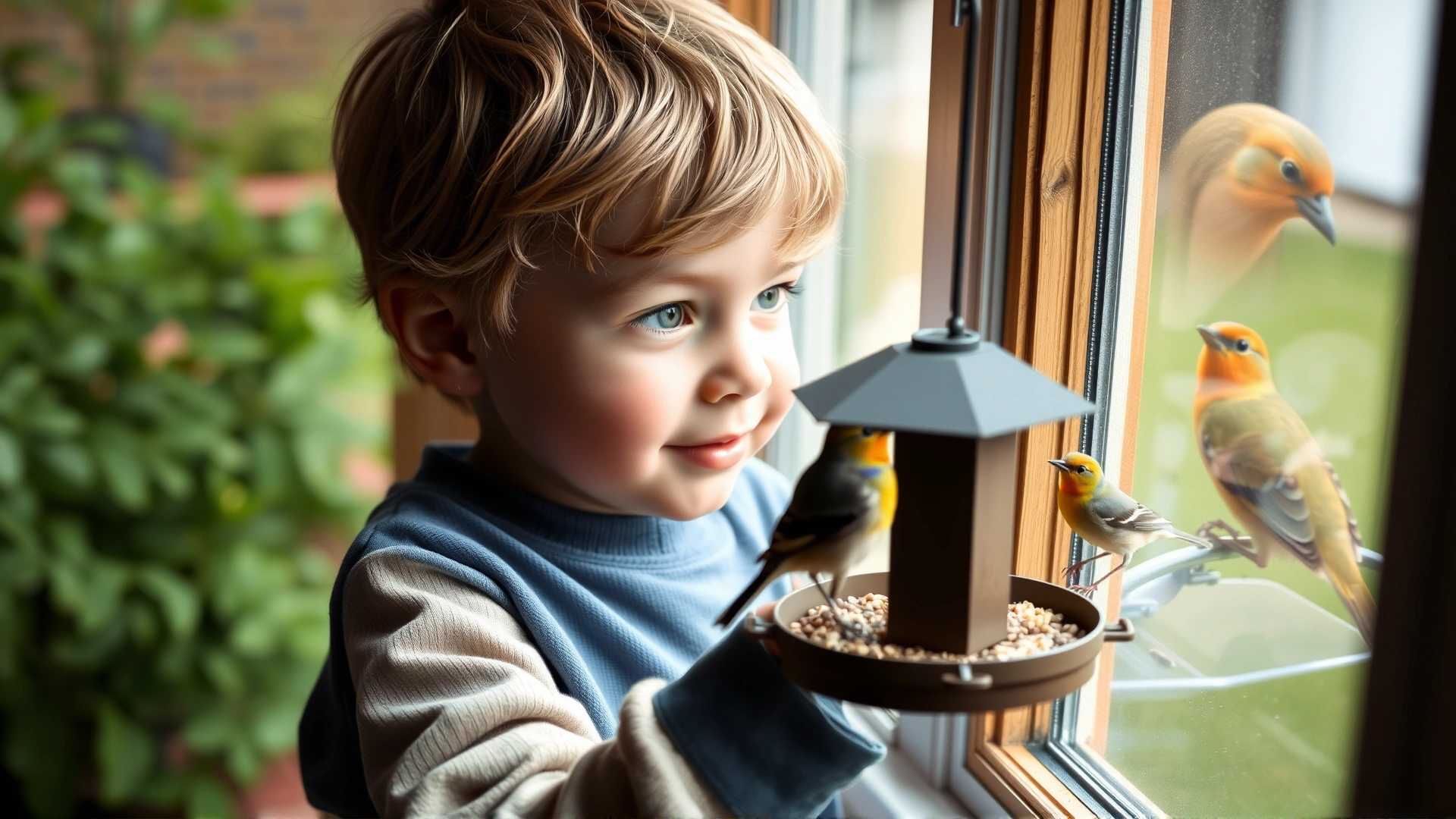 Young child looking through a window at songbirds feeding outside on a backyard feeder, emphasizing joy and educational aspect of bird watching.