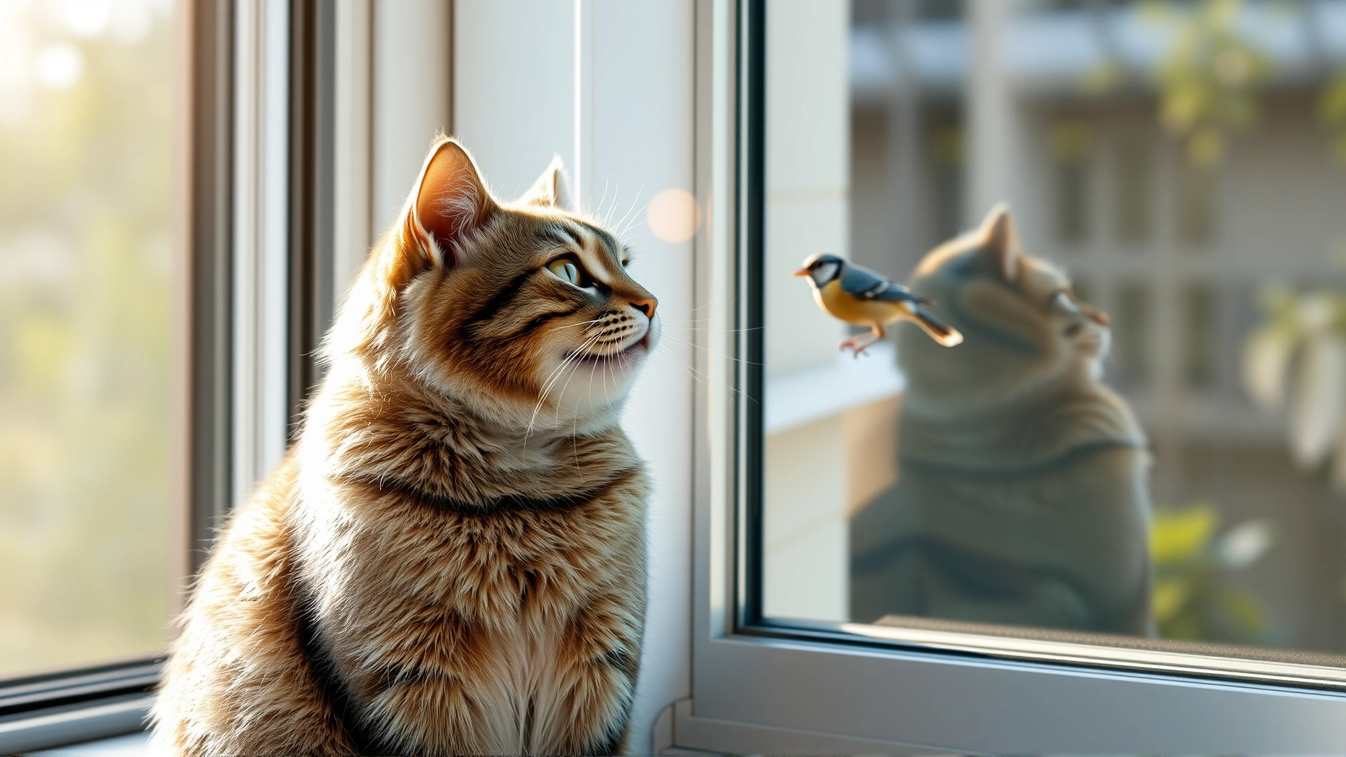 Cat sitting on a windowsill intently staring at a bird outside, jaws slightly open as if chattering, morning sunlight
