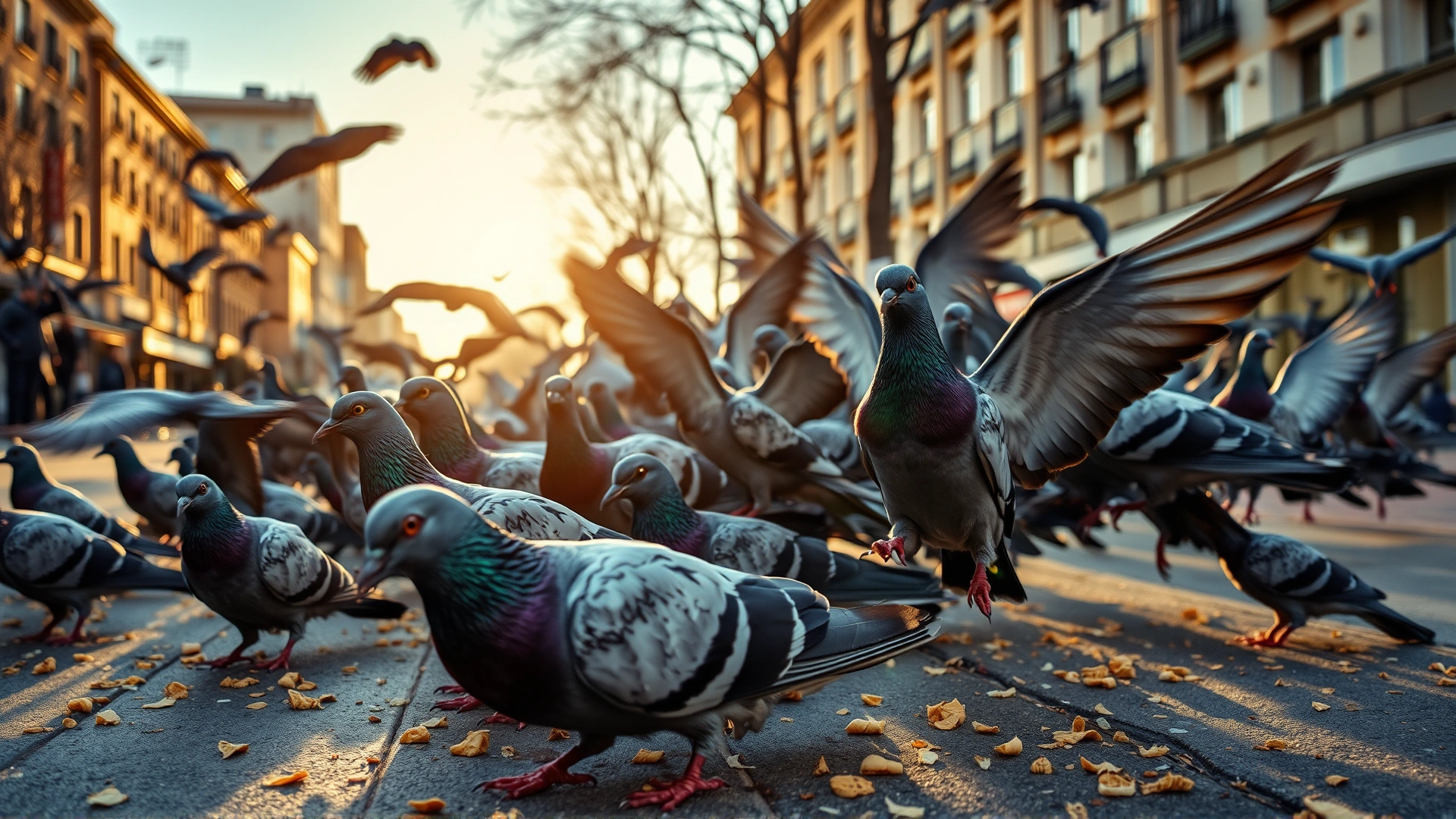 Flock of city pigeons competing for bread crumbs scattered on a sunny sidewalk, urban background, late afternoon light.