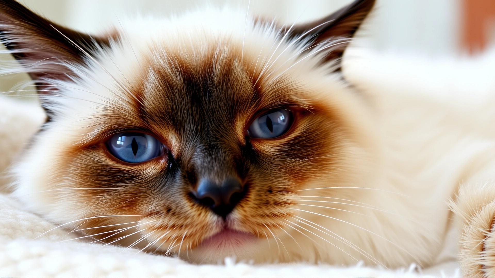 Close-up portrait of a blue-eyed Birman cat with silky cream fur and dark points lying comfortably on a soft blanket.