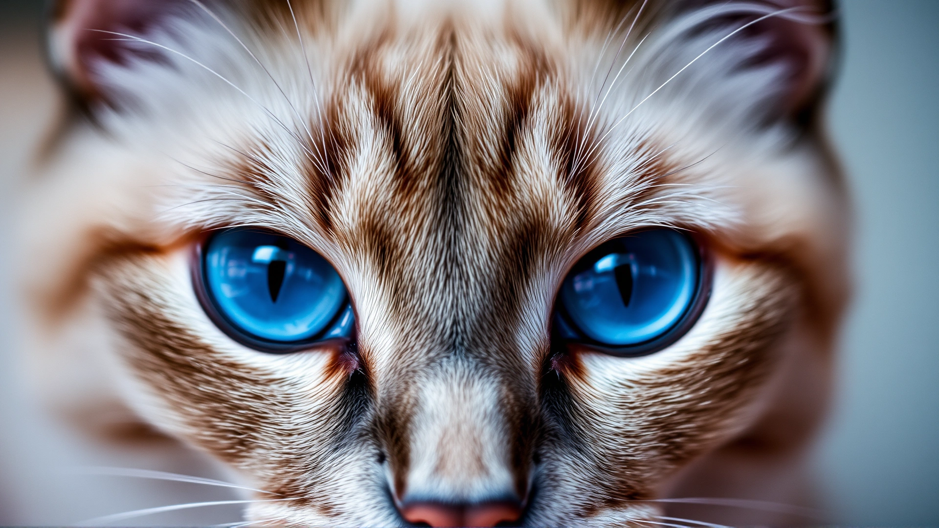 Macro shot focusing on the intense sapphire-blue eyes of an adult Birman cat, with the rest of the face softly blurred.
