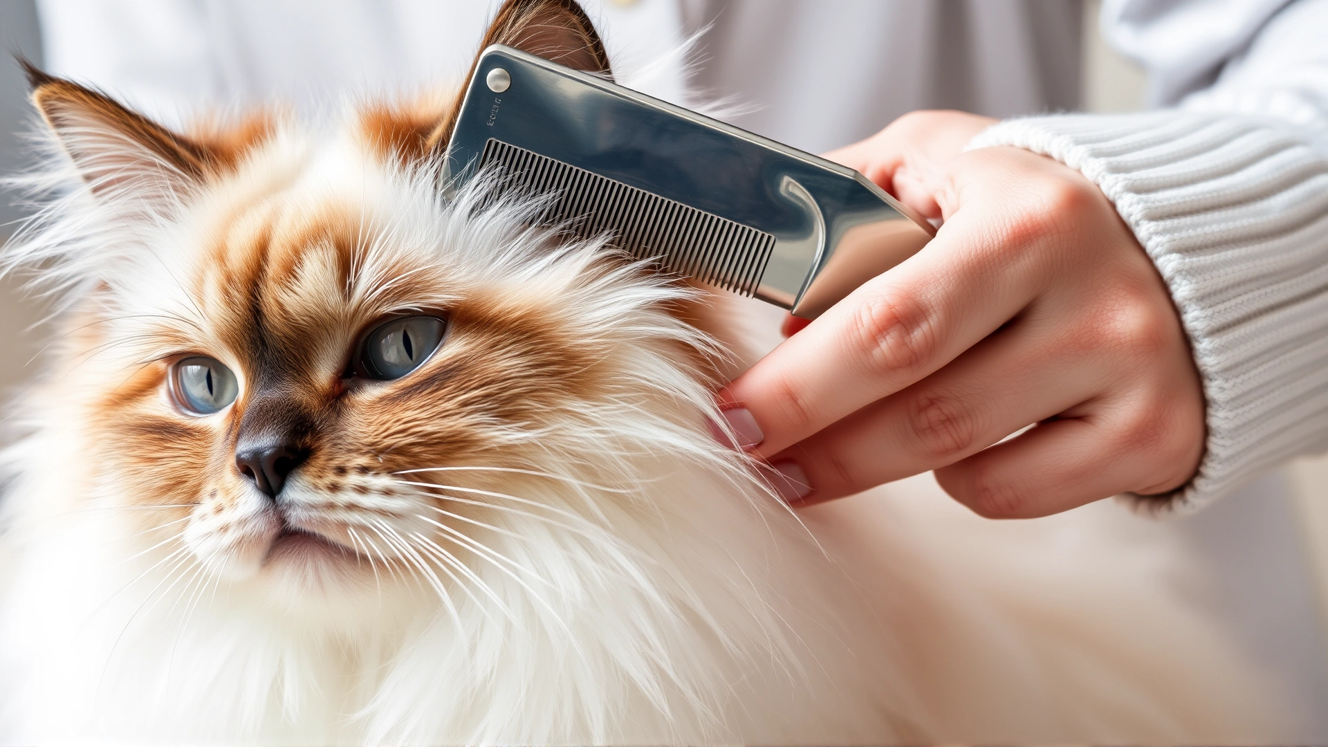 Owner gently brushing a Birman cat's silky coat with a stainless-steel comb, hair strands visible to illustrate grooming.