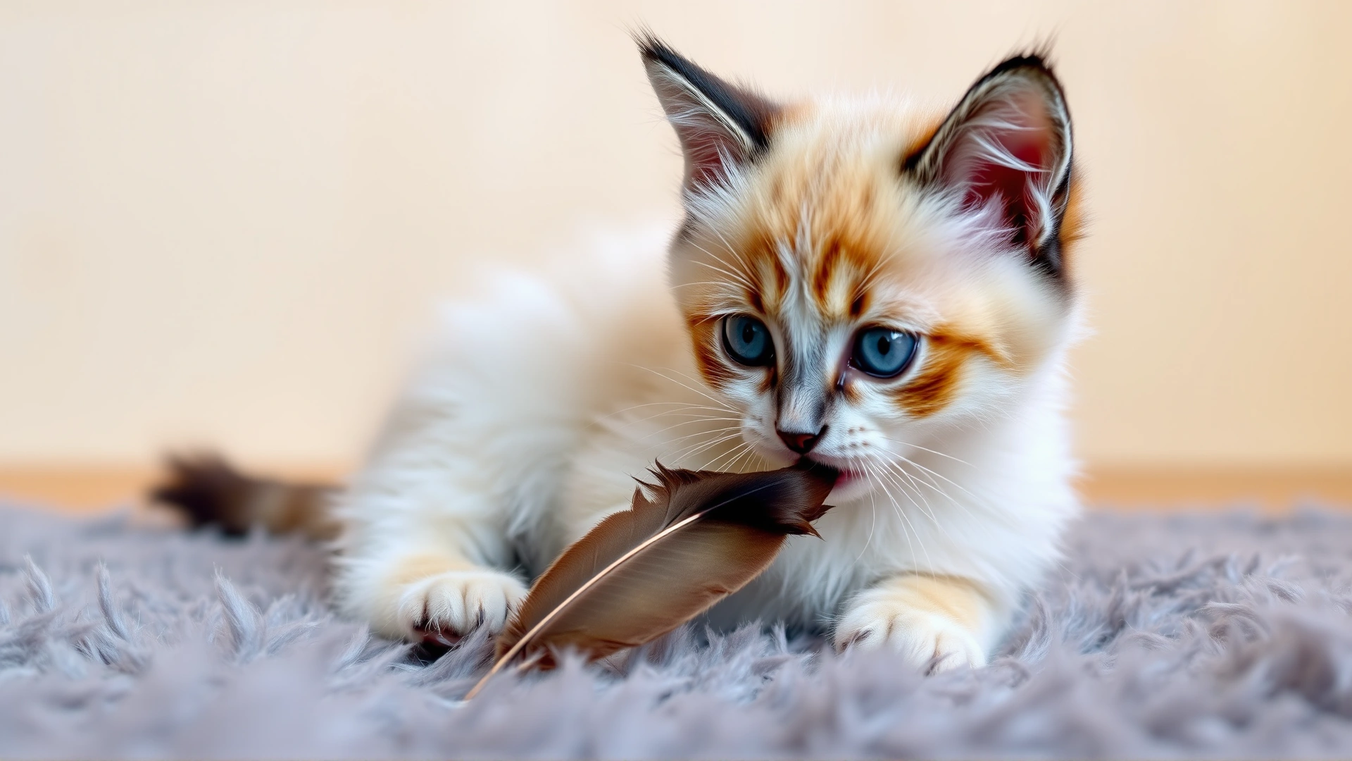 Adorable Birman kitten with developing color points playing with a feather toy on a fluffy rug.