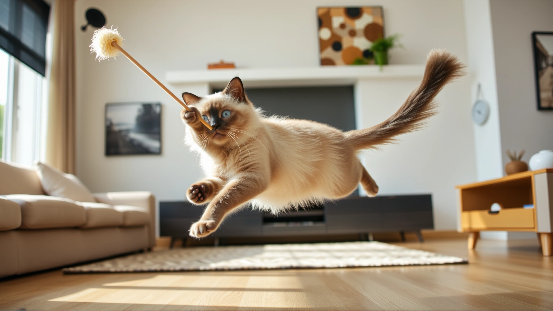Birman cat mid-leap chasing a wand toy in a bright, modern living room, demonstrating its playful yet graceful nature.
