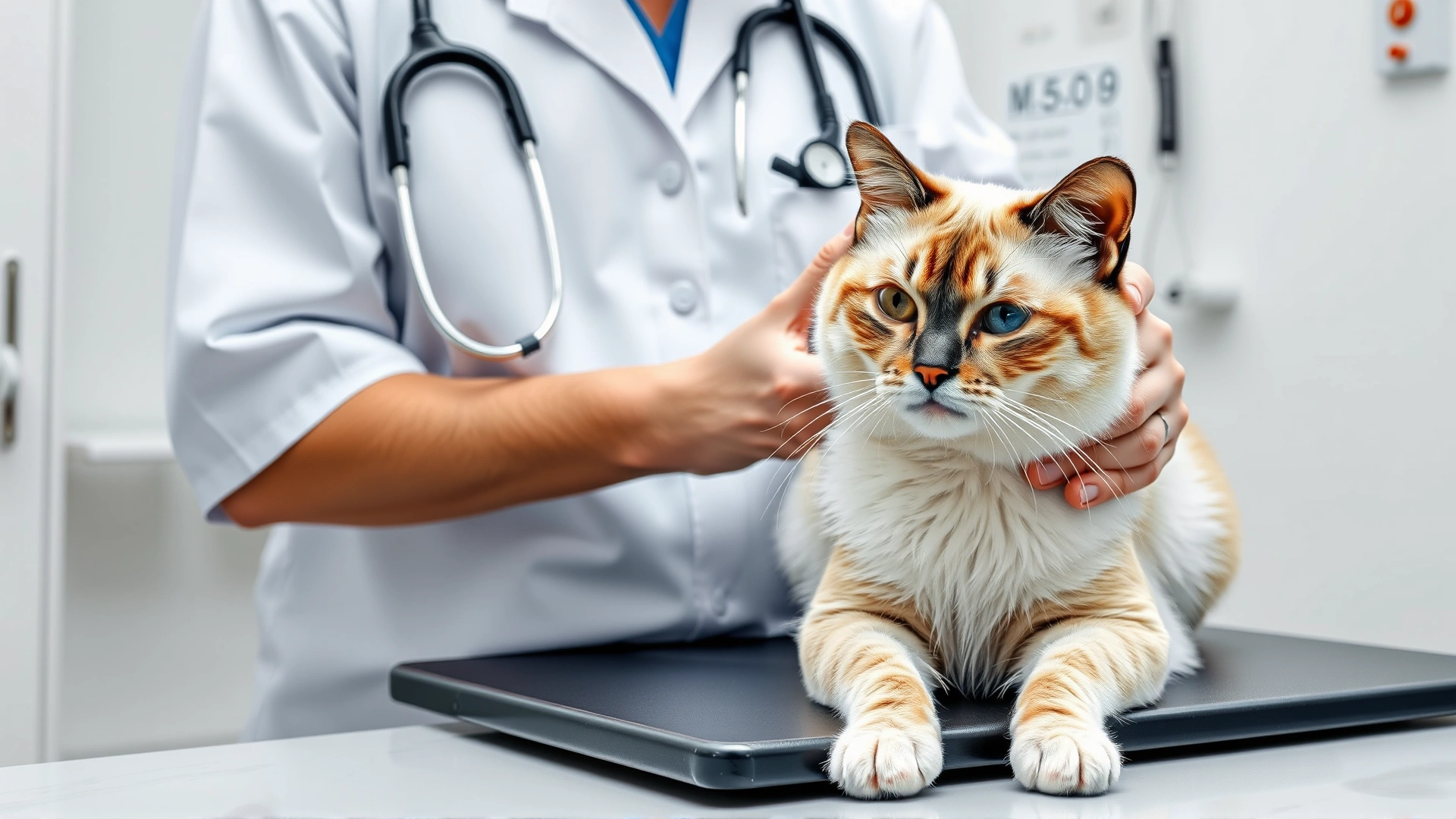 Veterinarian in a clean clinic setting gently examining a calm Birman cat on an exam table, stethoscope visible.