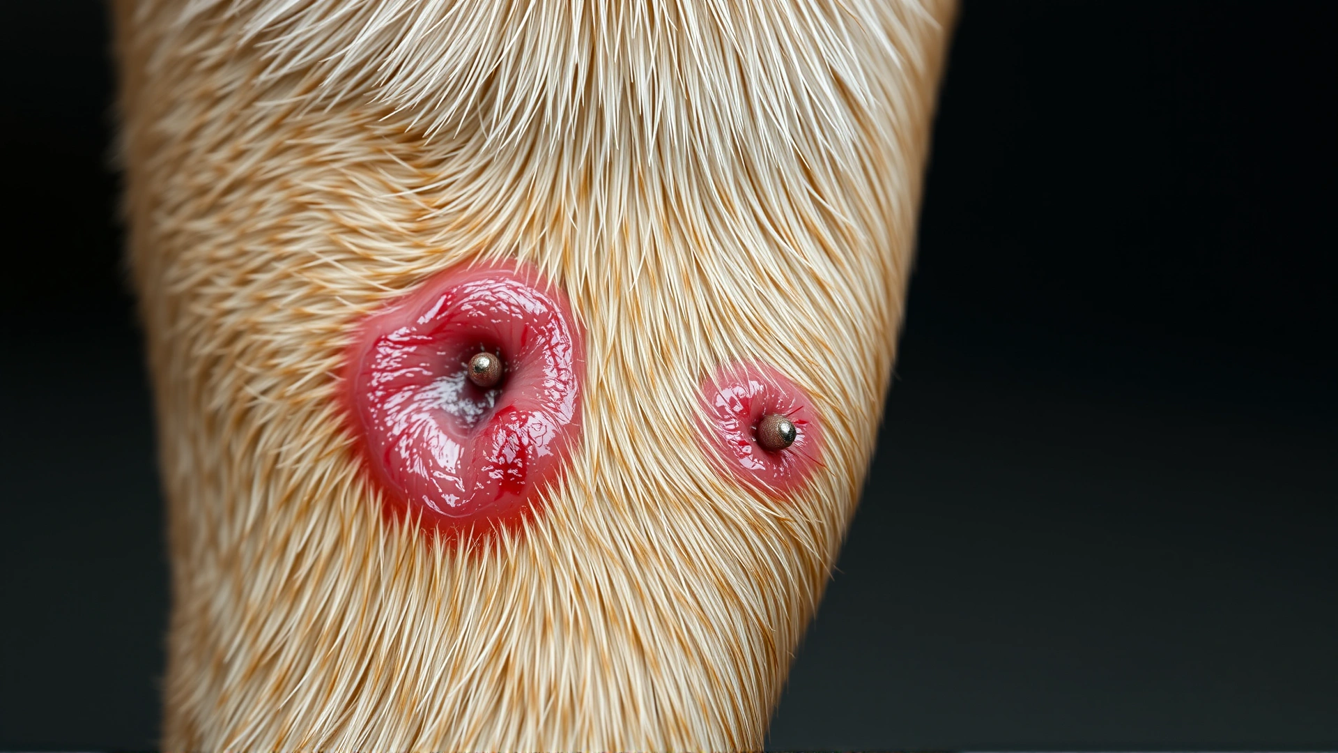 Macro shot of a dog's leg showing two clear puncture wounds with slight swelling, natural lighting, no text or labels