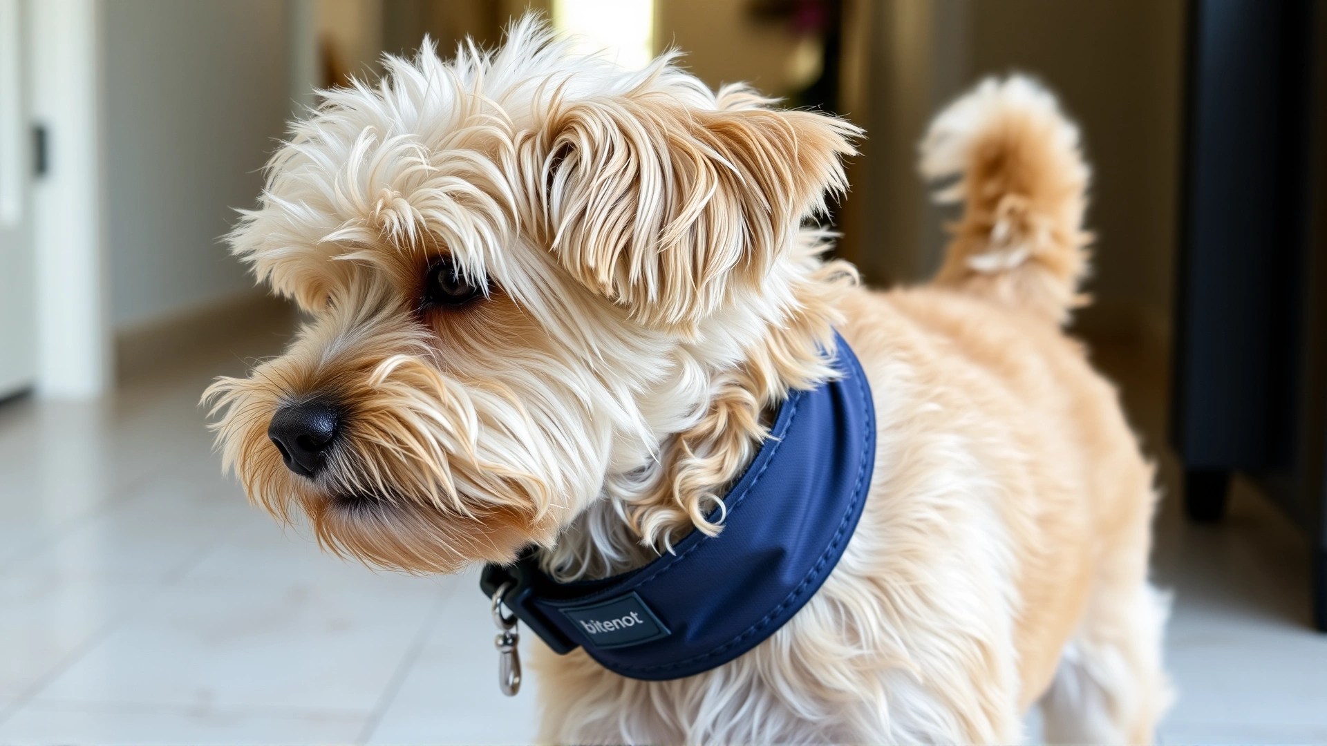 Short-haired dog wearing a BiteNot rigid neck wrap collar, walking indoors on tile floor