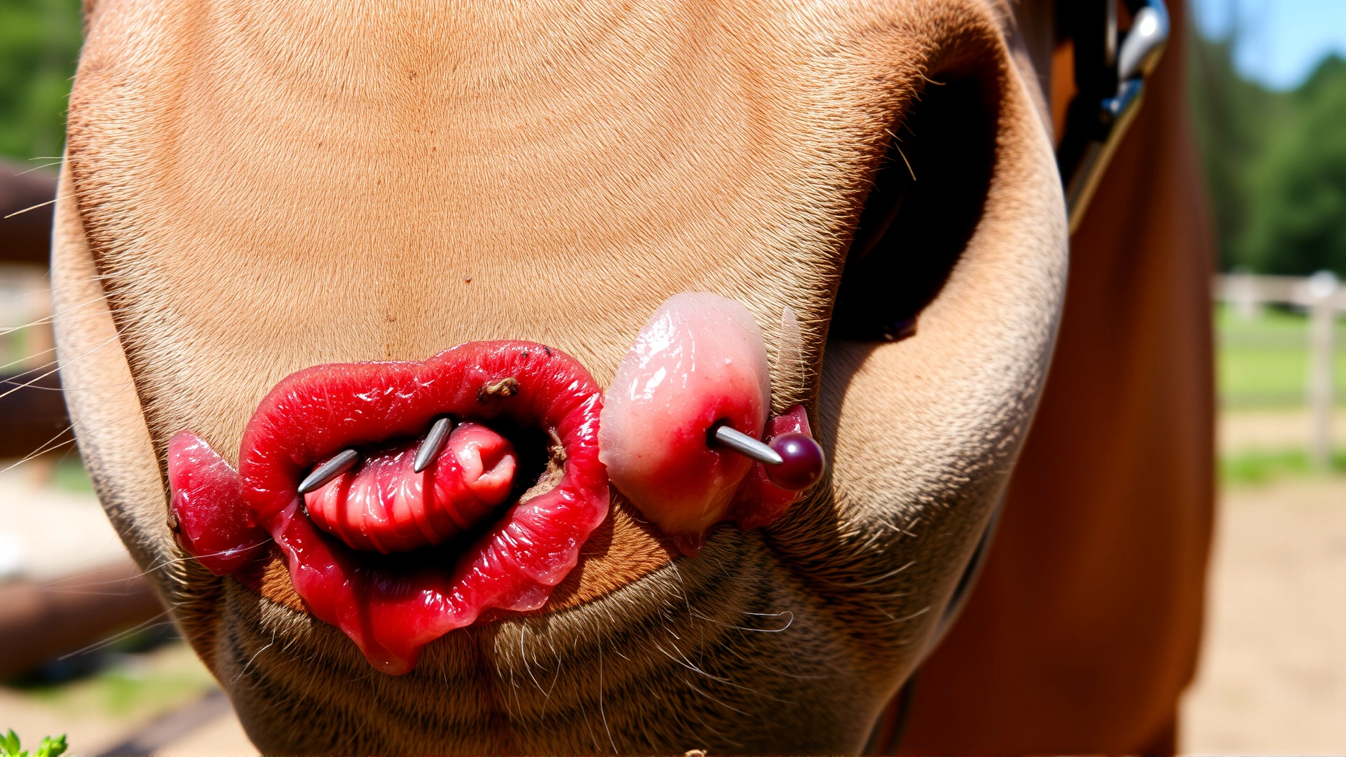 Close-up macro shot of a horse muzzle displaying two fresh puncture wounds and mild swelling, natural outdoor lighting, no text.