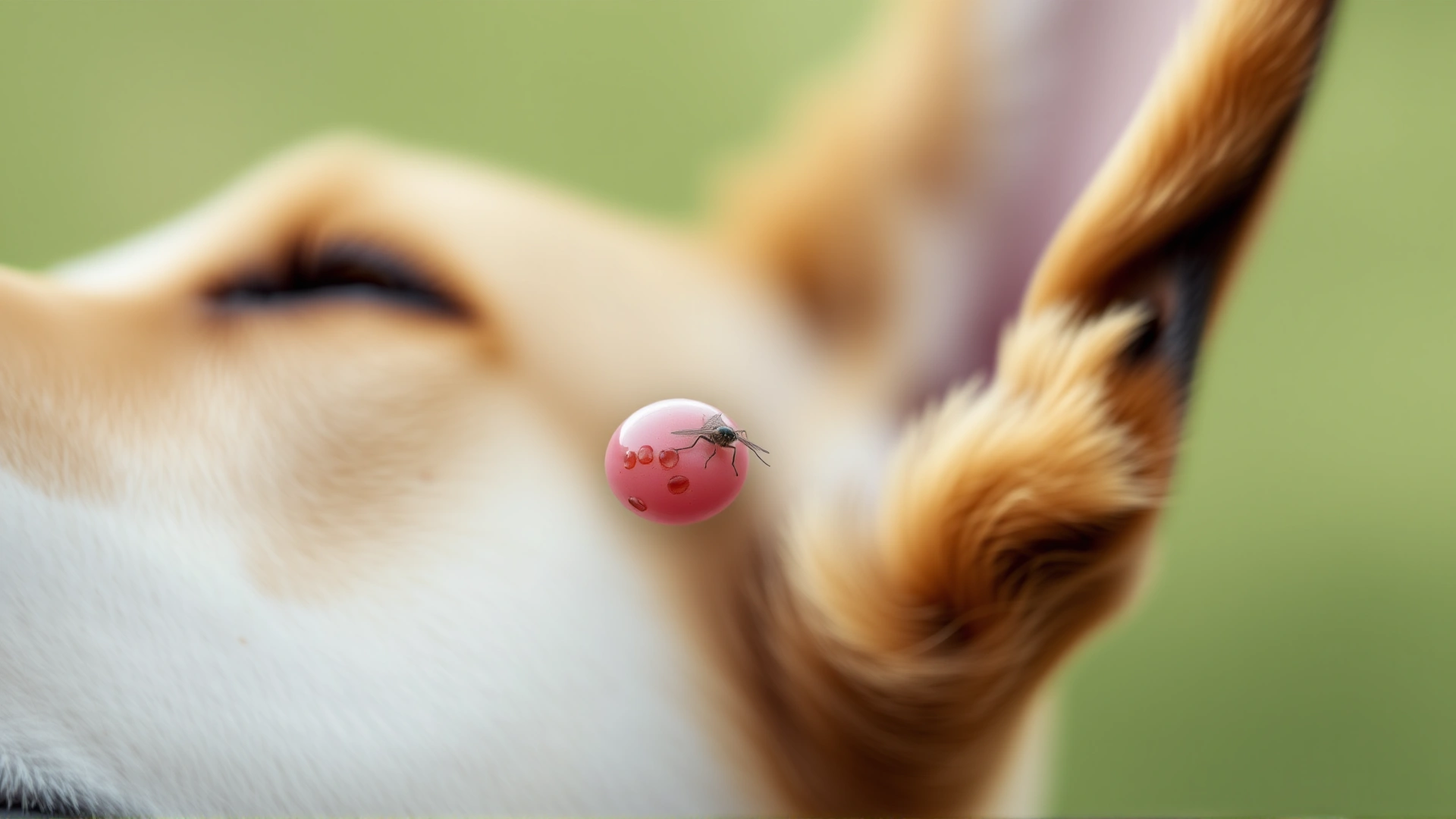 Soft-focus photograph of a dog's ear tip with minor scabs from fly bites, highlighting irritation without being graphic.