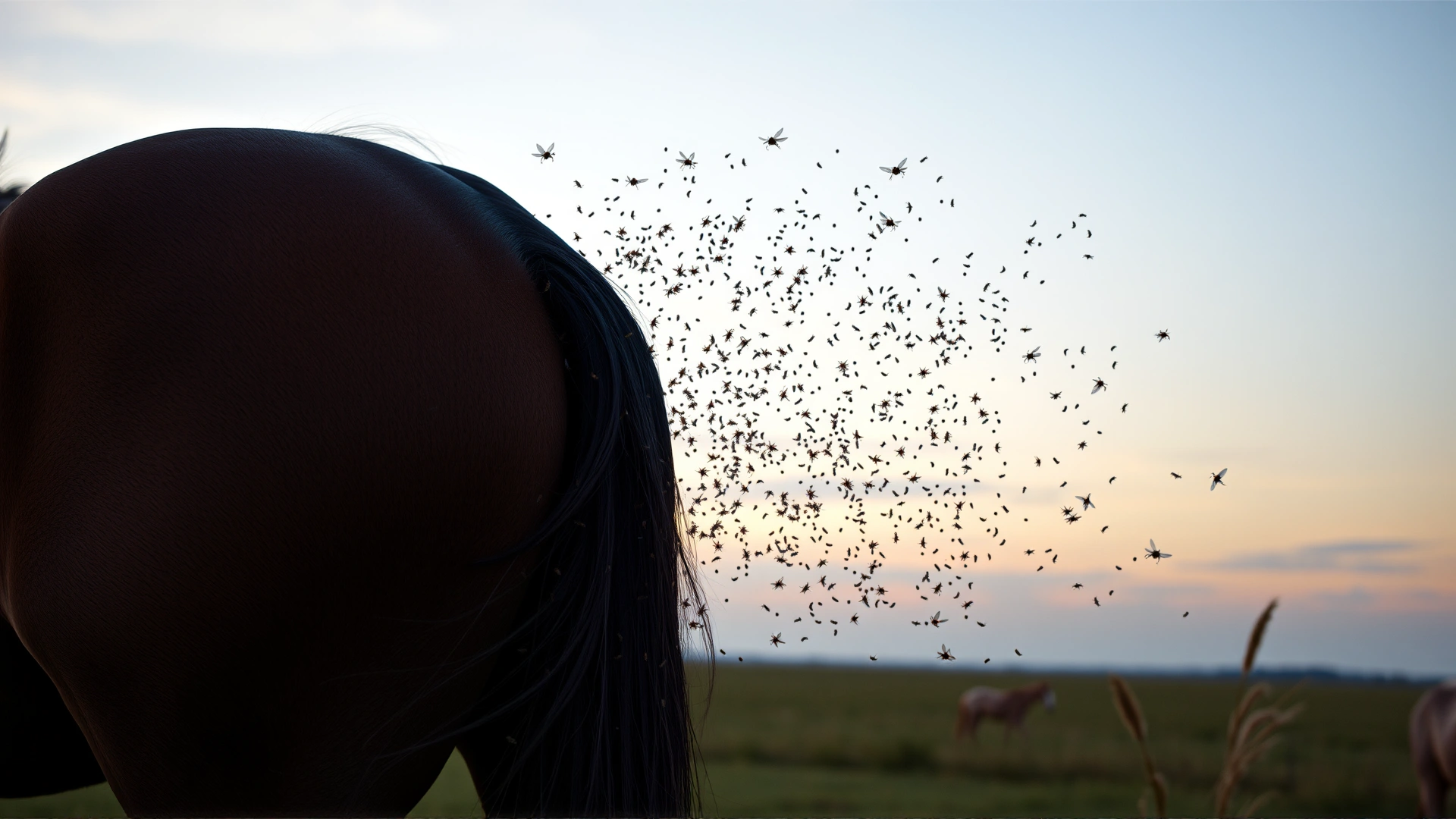 Cloud of biting flies and midges surrounding a horse’s hindquarters during dusk in a pasture