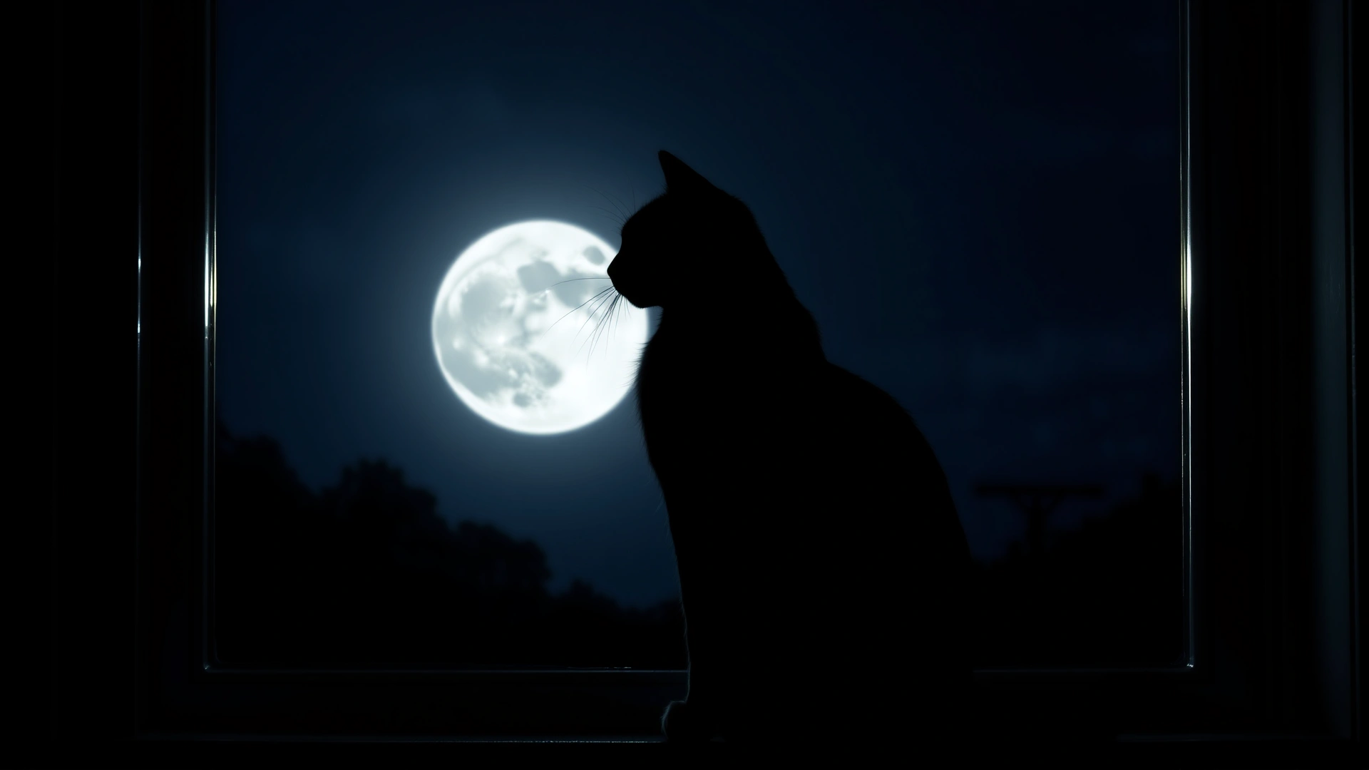 Silhouette of a black cat sitting on a windowsill during a full moon night, moonlight casting a gentle glow around its outline.