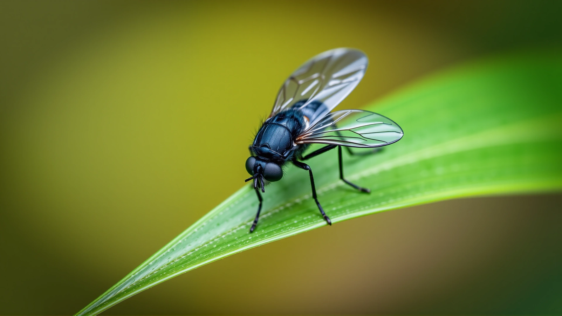Macro photograph of a single black fly (Simuliidae) perched on a green leaf, showing its dark body, short antennae, and translucent wings with a soft blurred background