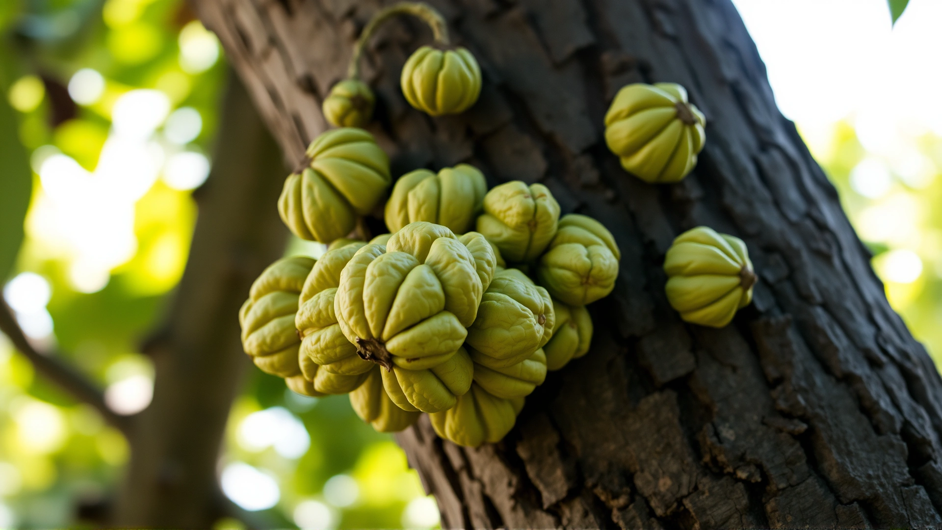 Close-up photo of a black walnut tree with distinct dark bark and green walnut husks, shot in natural daylight.